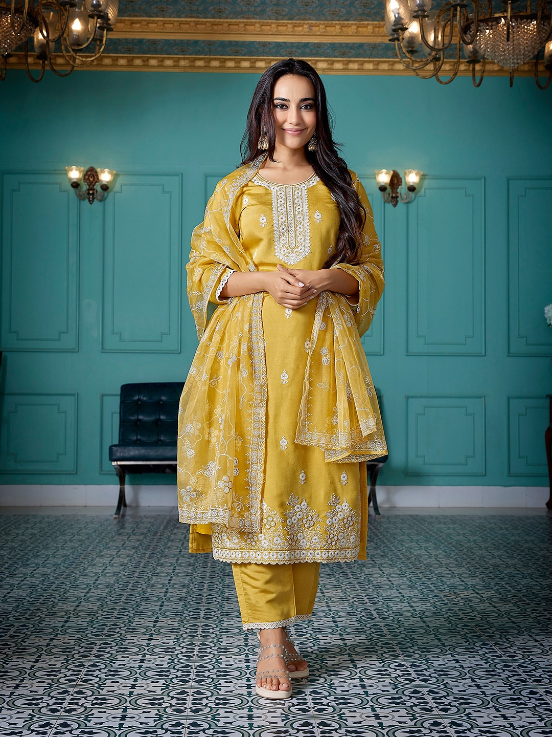 

Royal Export Ethnic Motifs Embroidered Thread Work Straight Kurta with Trousers & Dupatta, Yellow