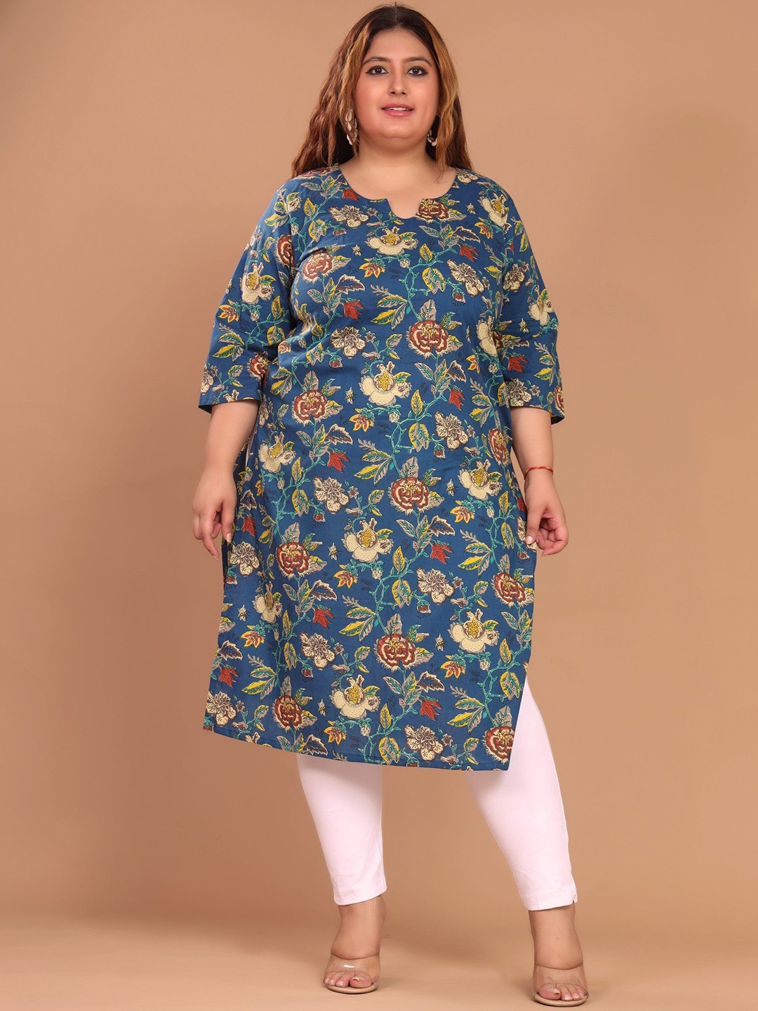

KALINI Floral Printed Cotton Straight Kurta, Blue