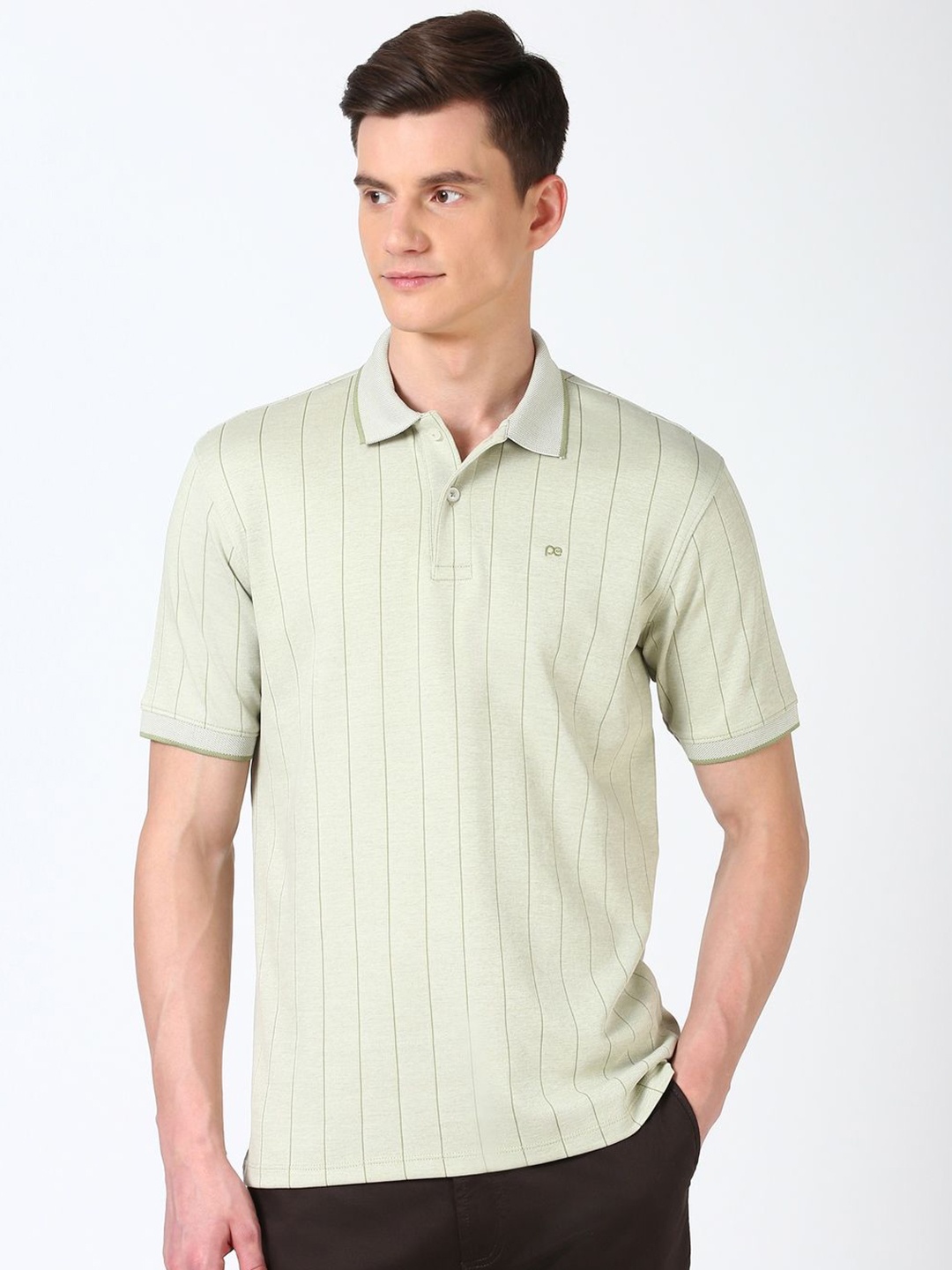 

Peter England Men Striped Polo Collar Cotton T-shirt, Green