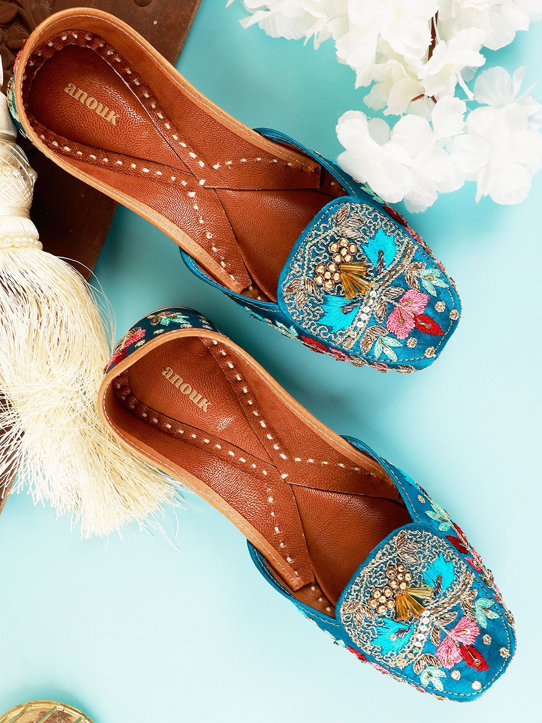 

Anouk Women Round Toe Mojaris with Embroidered Flats, Turquoise blue