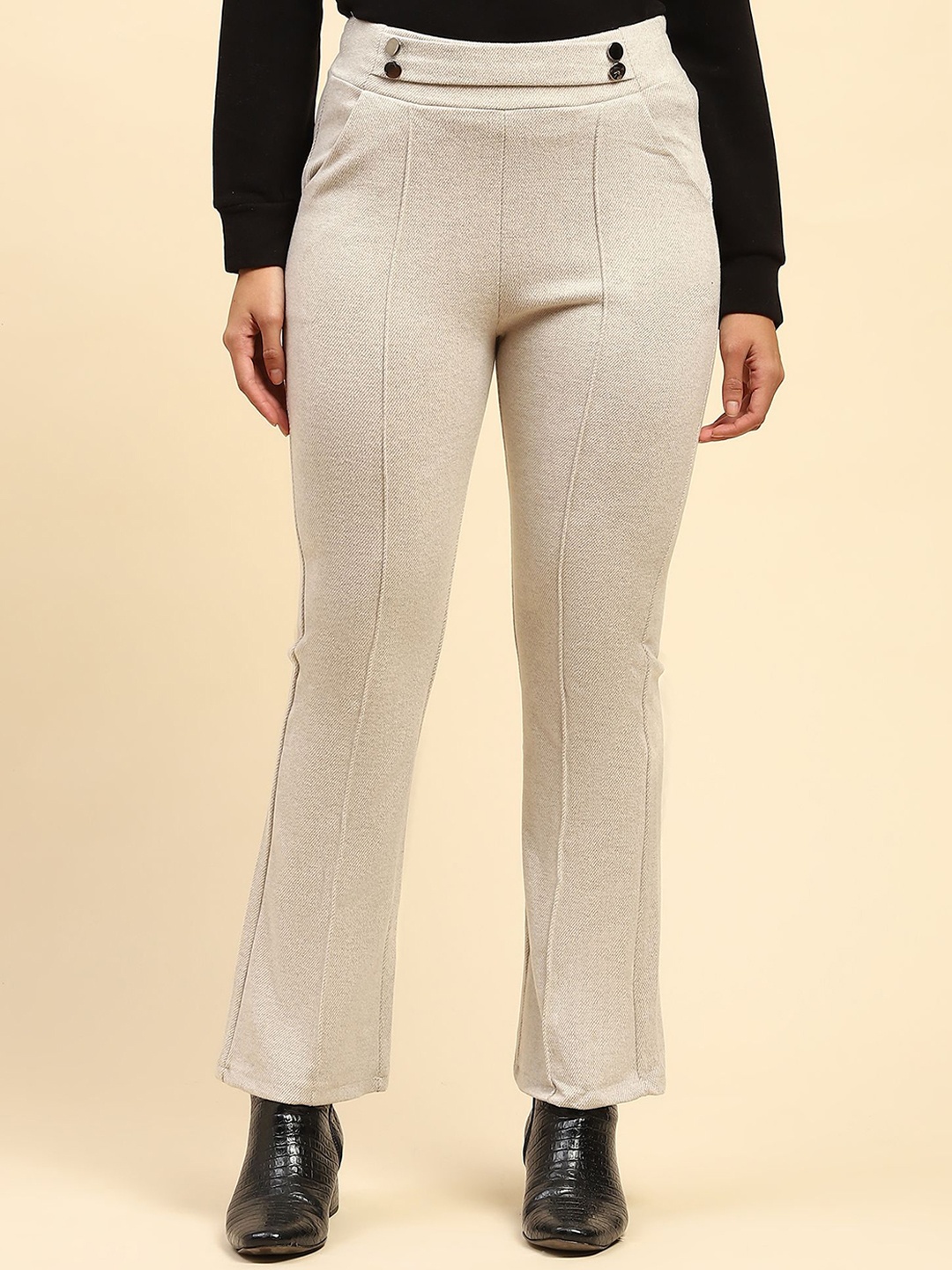 

Global Republic Women Relaxed Straight Leg Straight Fit High-Rise Trousers, Beige