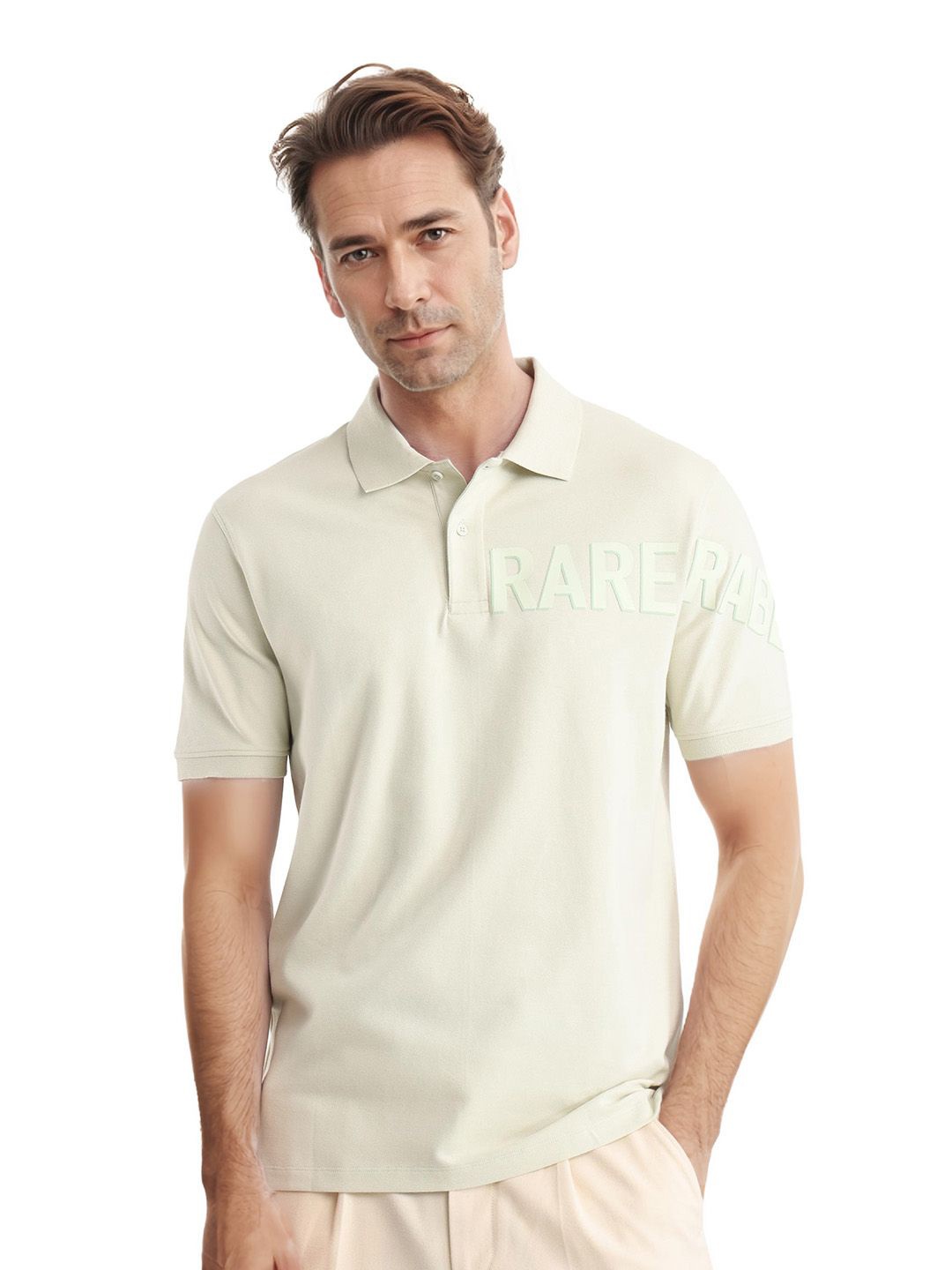 

RARE RABBIT Men Typography Printed Polo Collar Cotton T-shirt, Beige