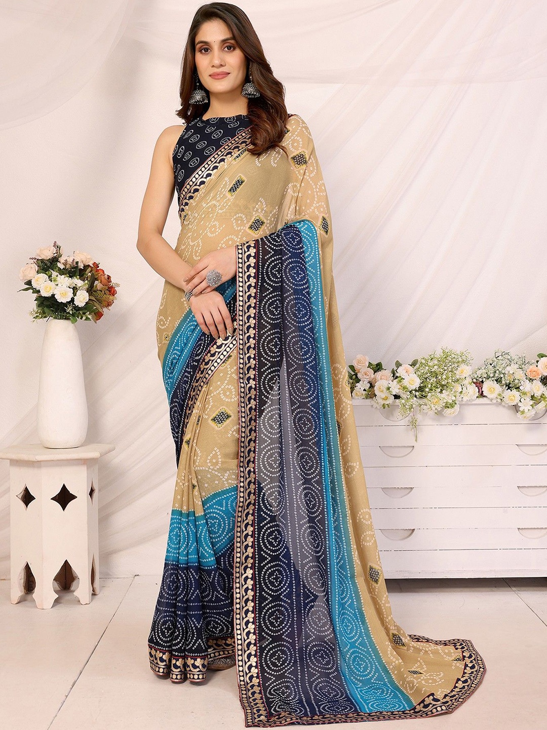 

KALINI Bandhani Embroidered Saree, Blue