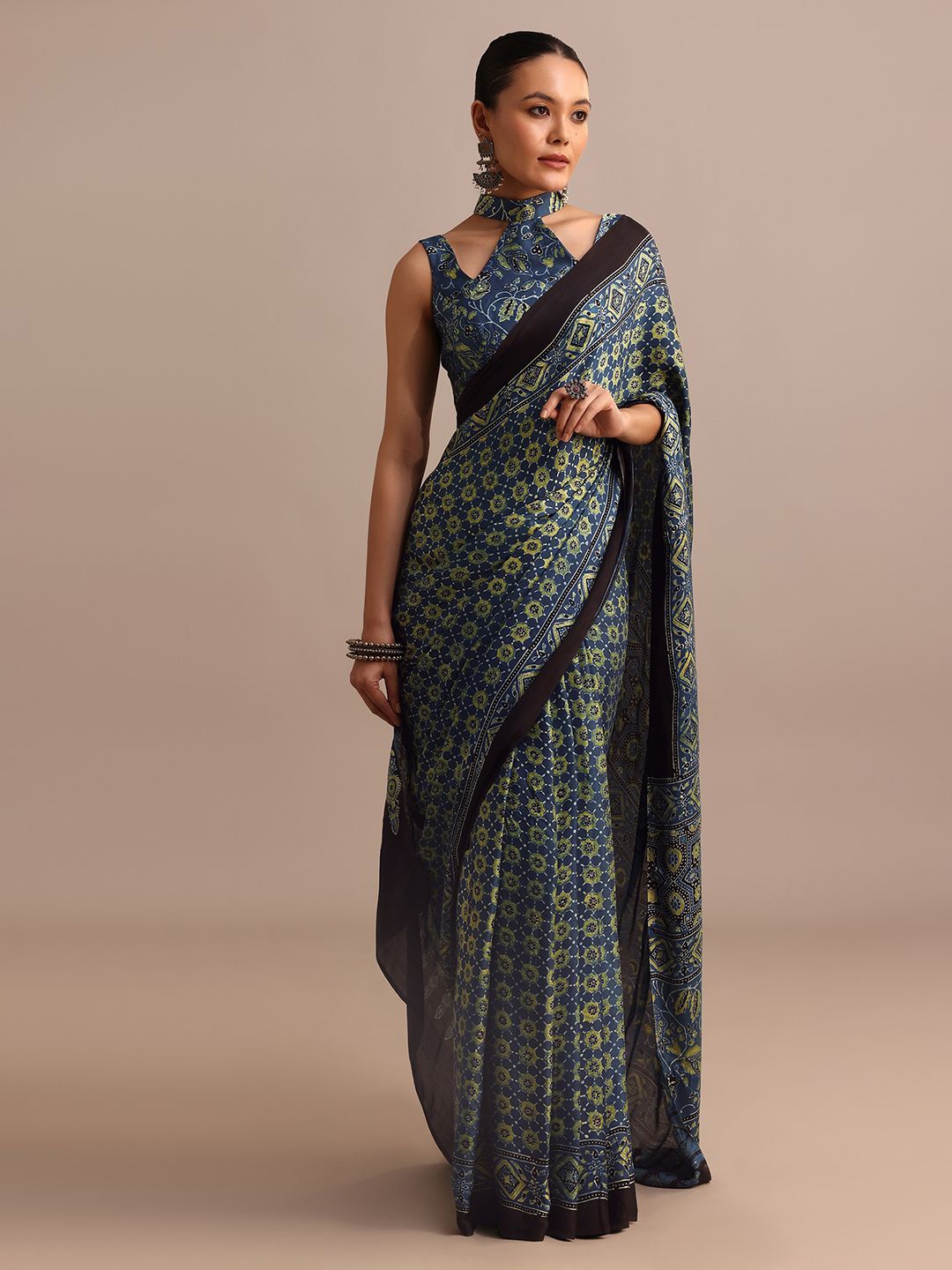 

KALKI Fashion Ethnic Motifs Satin Block Print Saree, Blue