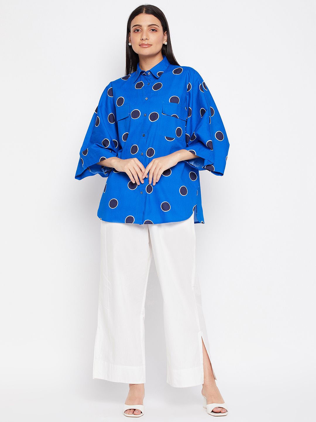 

Antimony Polka Dots Printed Shirt Collar Three-Quarter Sleeves Shirt With Trouser, Blue