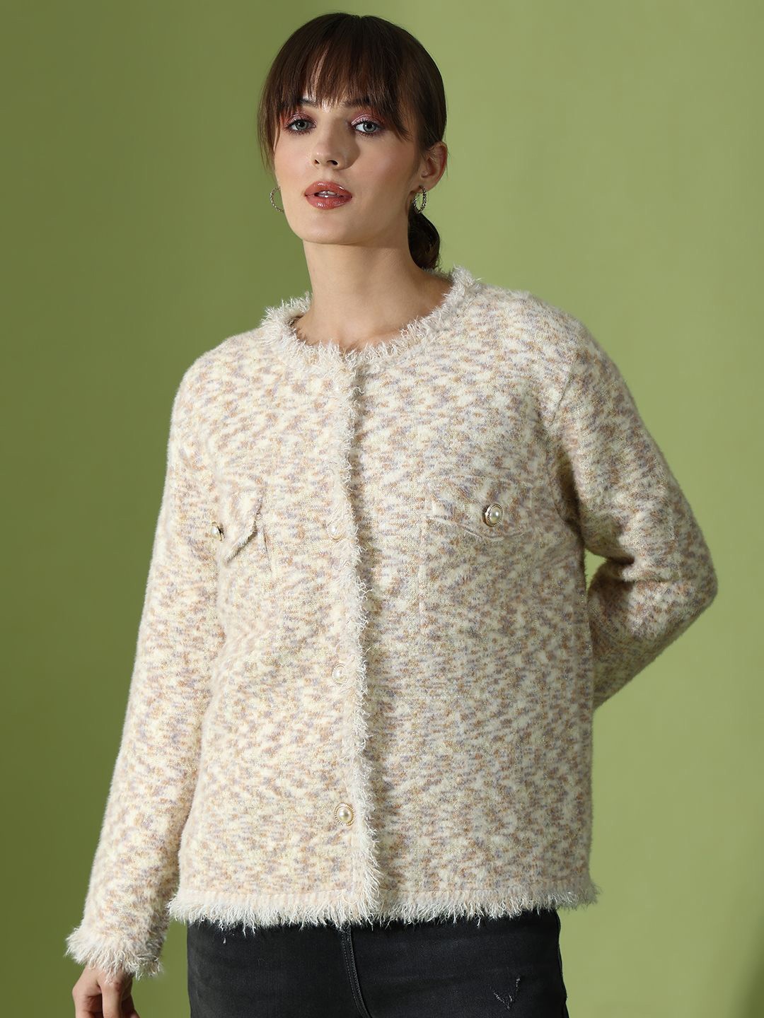

KALINI Self Design Woollen Cardigan, Beige