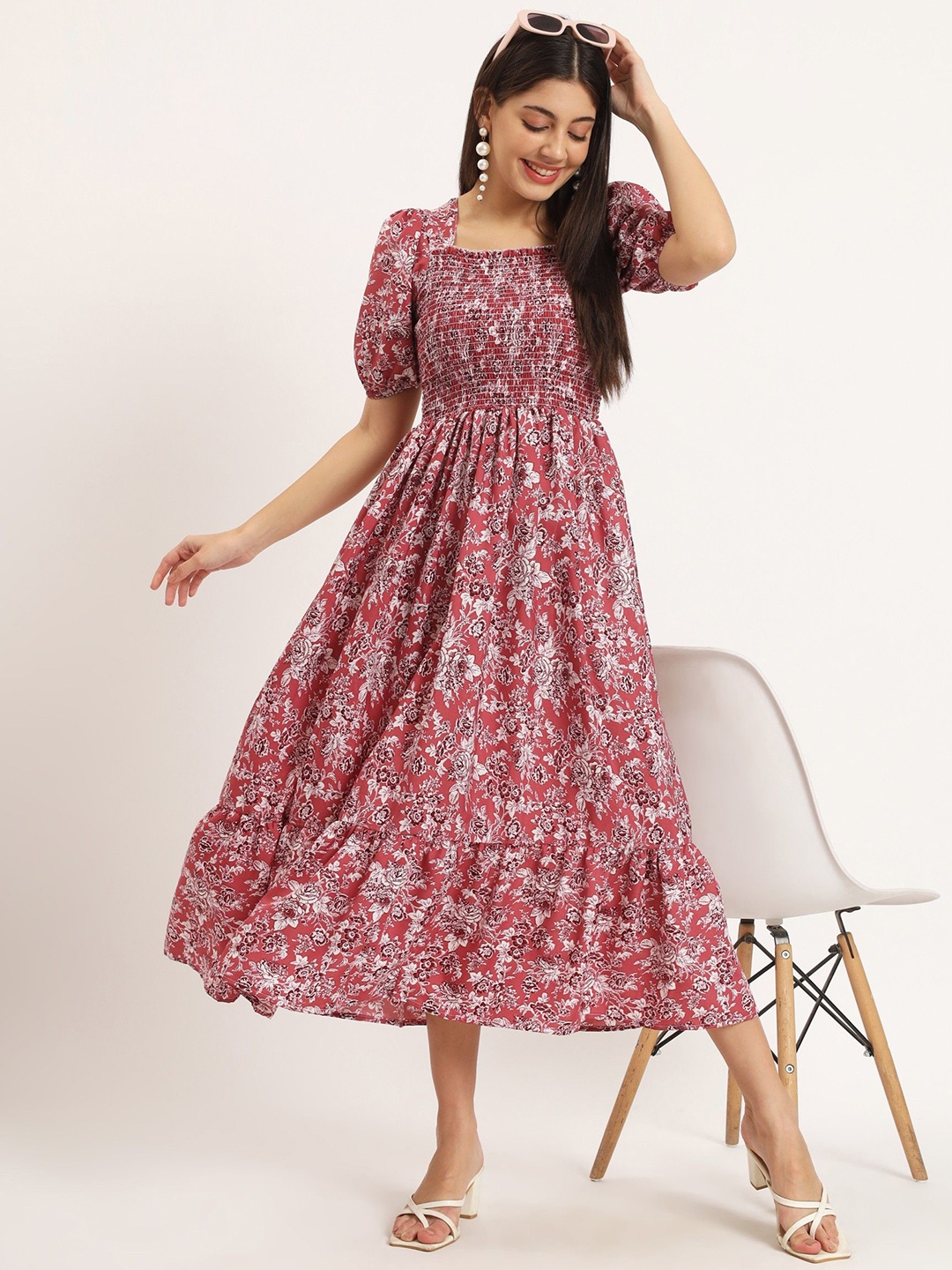 

Raiyani Enterprise Women Floral Printed Gathered or Pleated Smocked Fit & Flare Maxi Dress, Pink