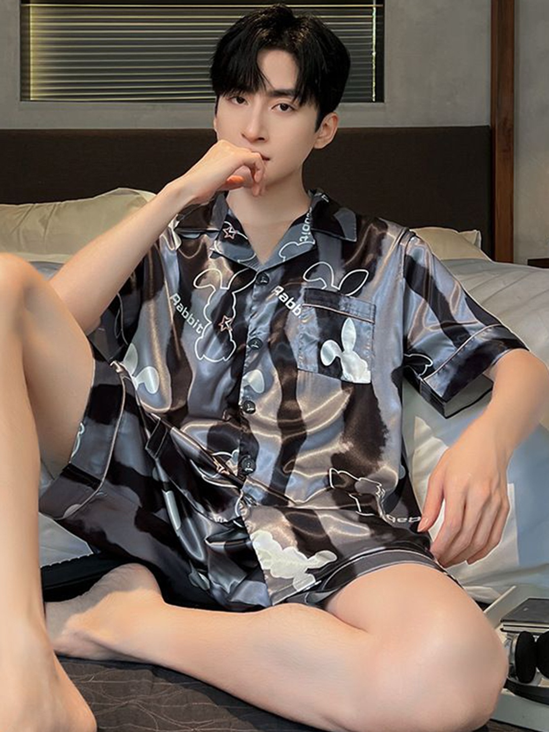 

StyleCast Printed Short Sleeve Shirt With Shorts Night Suit, Black