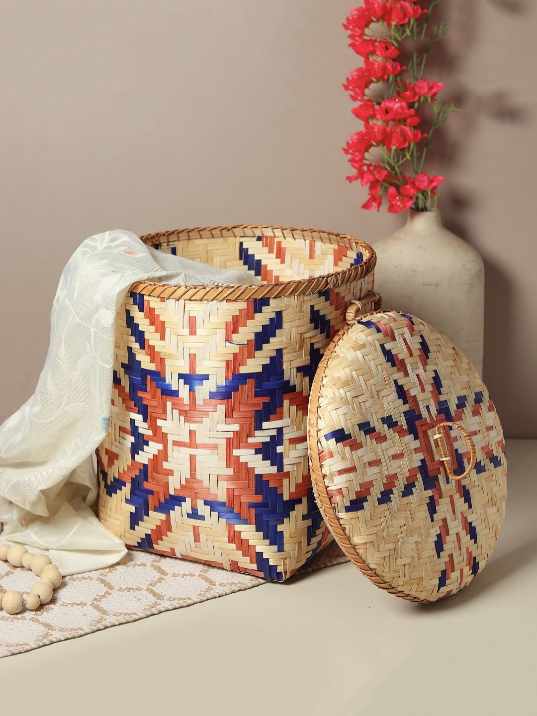 

HABERE INDIA Beige & Blue Bamboo Wicker Laundry Bag With Lid