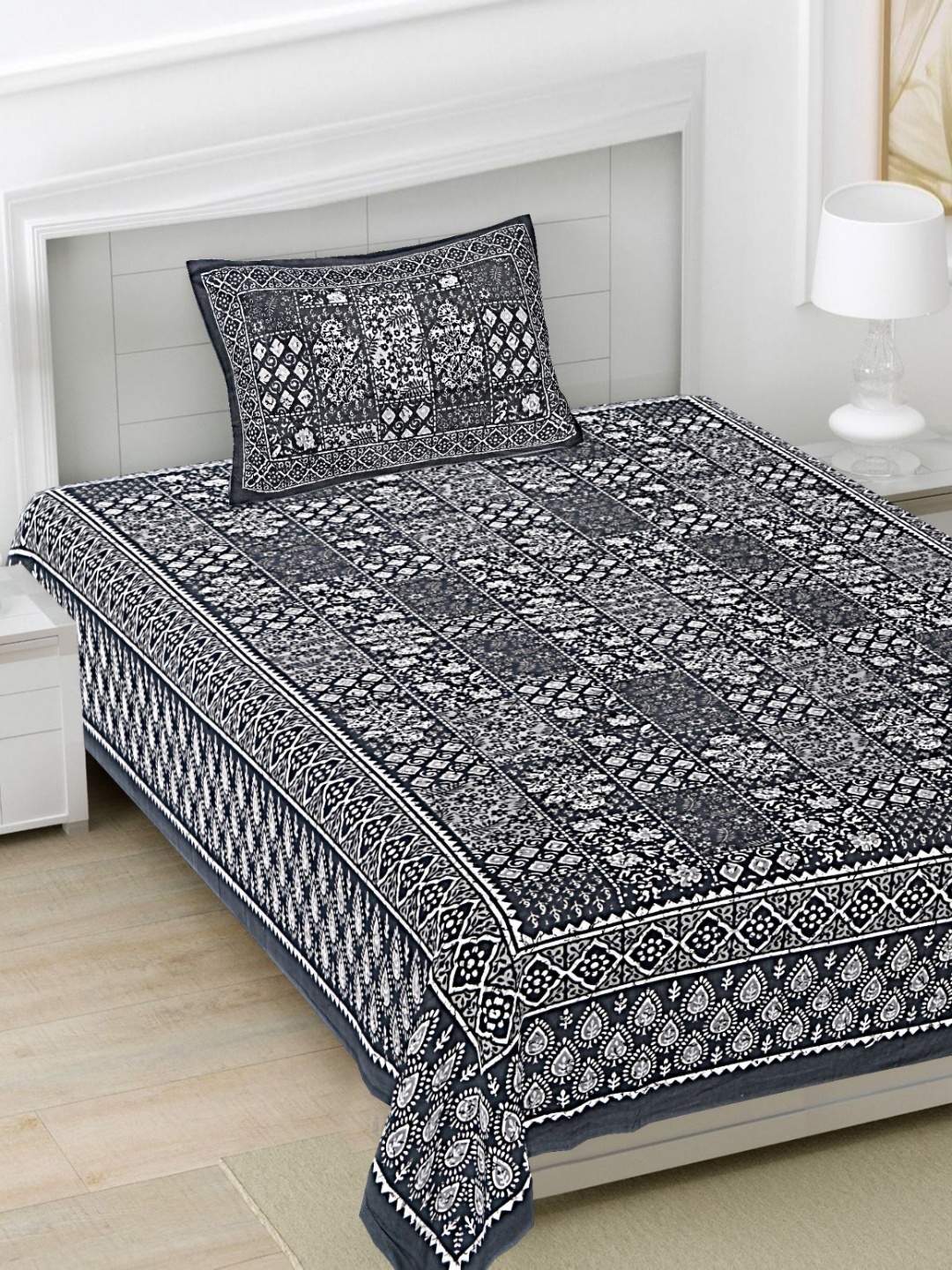 

FrionKandy Living Grey Ethnic Motifs Pure Cotton 180 TC Bedsheet Set 2.28 m x 1.52 m