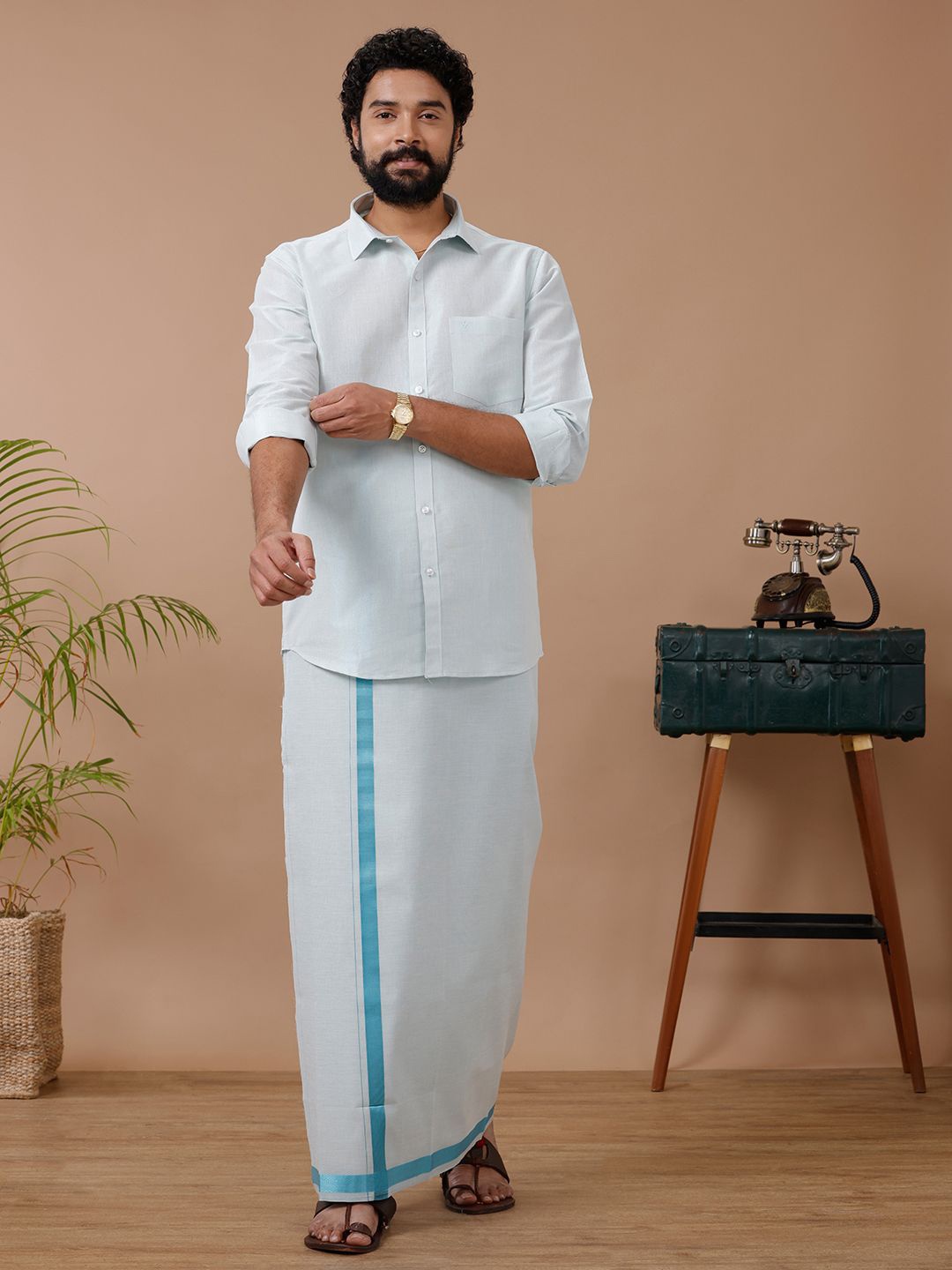

RAMRAJ Men Cotton blend Dhoti &Full Sleeves Shirt Set, White