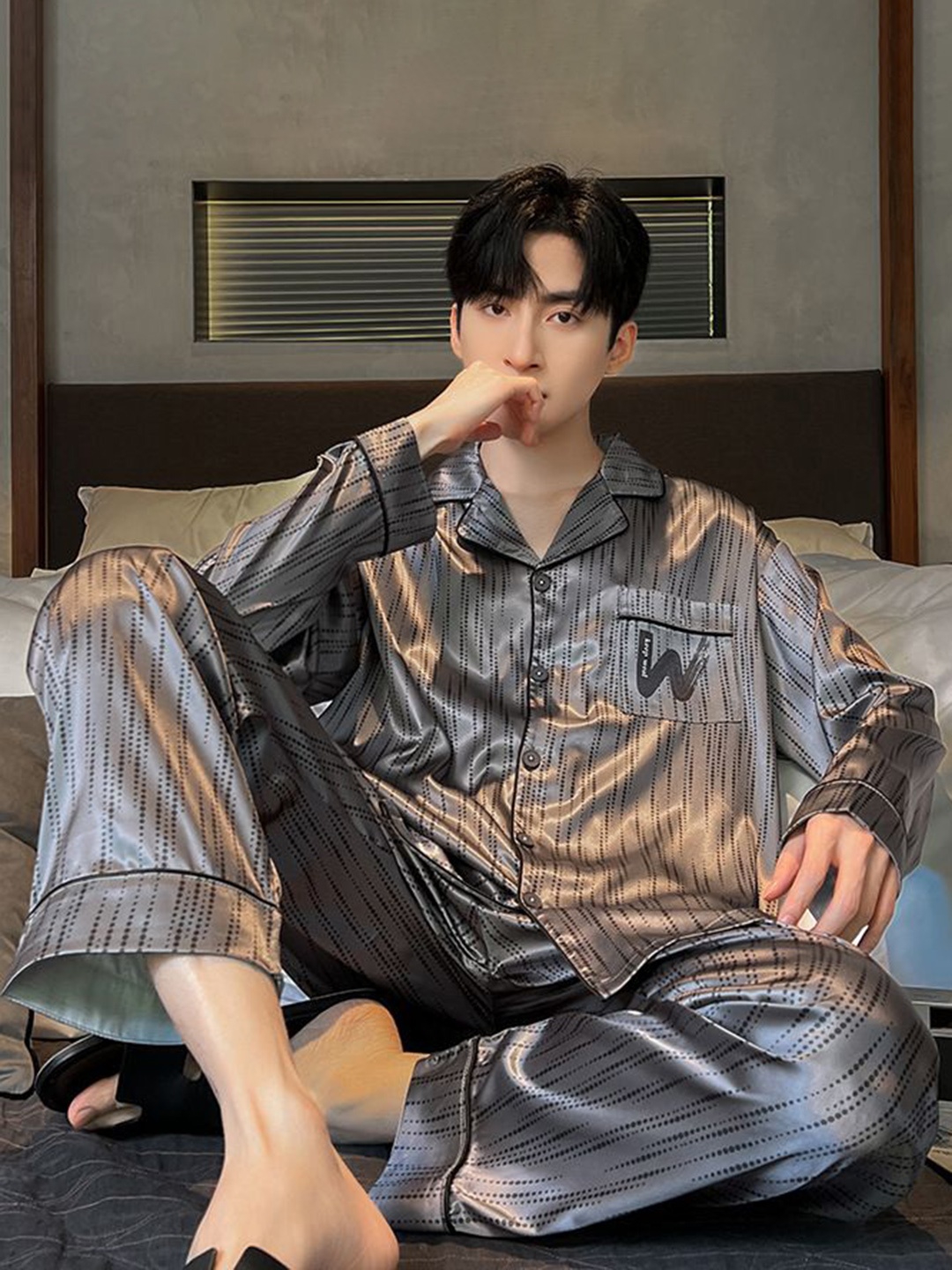 

StyleCast Geometric Printed Lapel Collar Long Sleeves Shirt With Pyjama, Brown