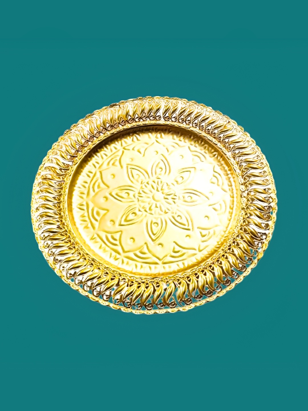 

PUFFSMART Yellow Brass Karwa Chauth Pooja Thali, Gold
