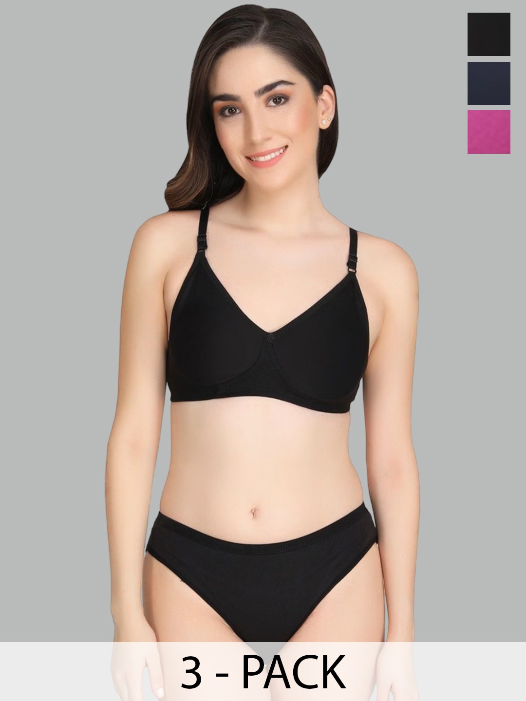 

Designer Bugs Pack Of 3 Lightly Padded Lingerie Set, Black