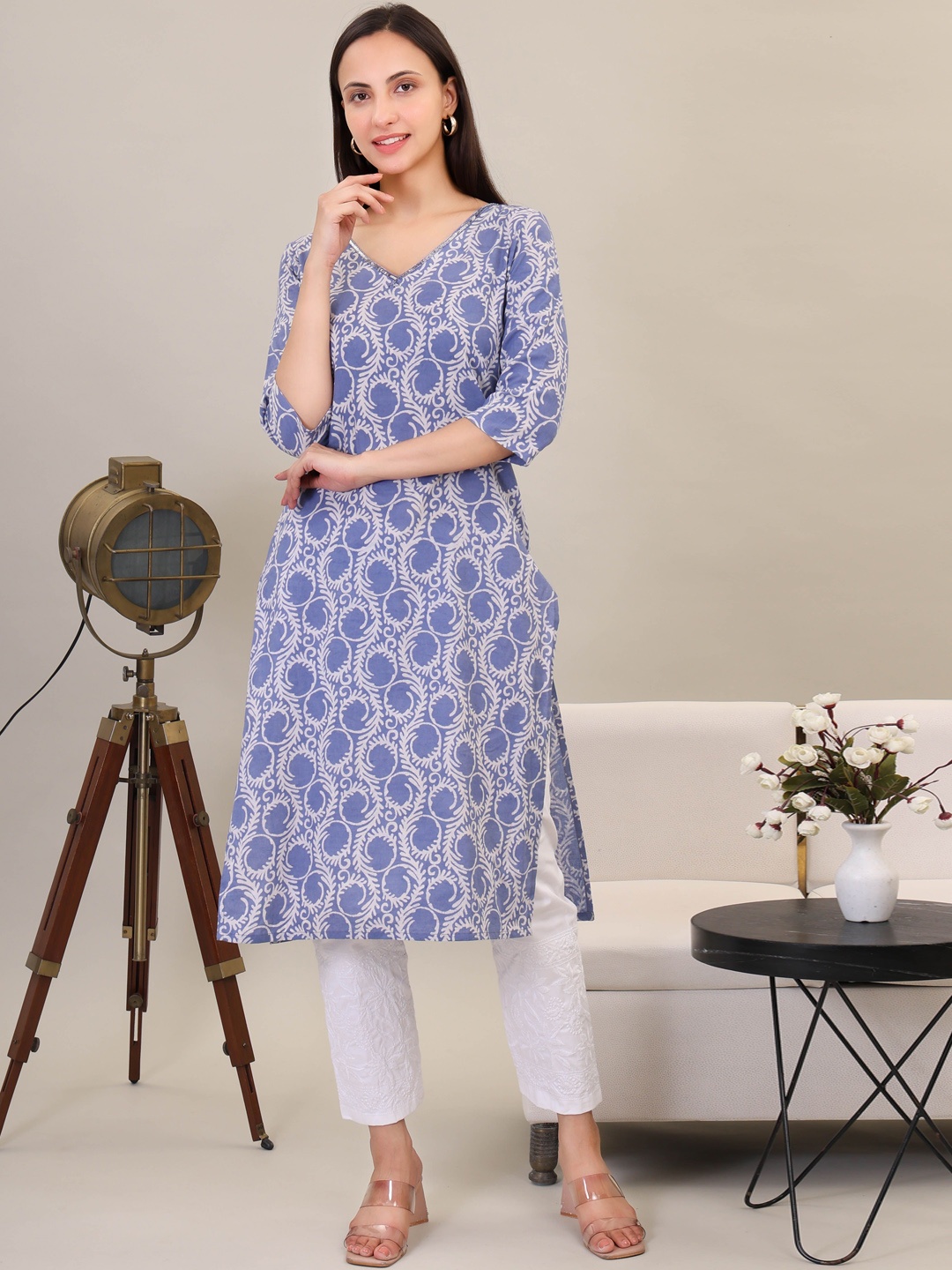 

GRIVA Ethnic Motifs Printed Pure Cotton Straight Kurta With Trouser, Blue