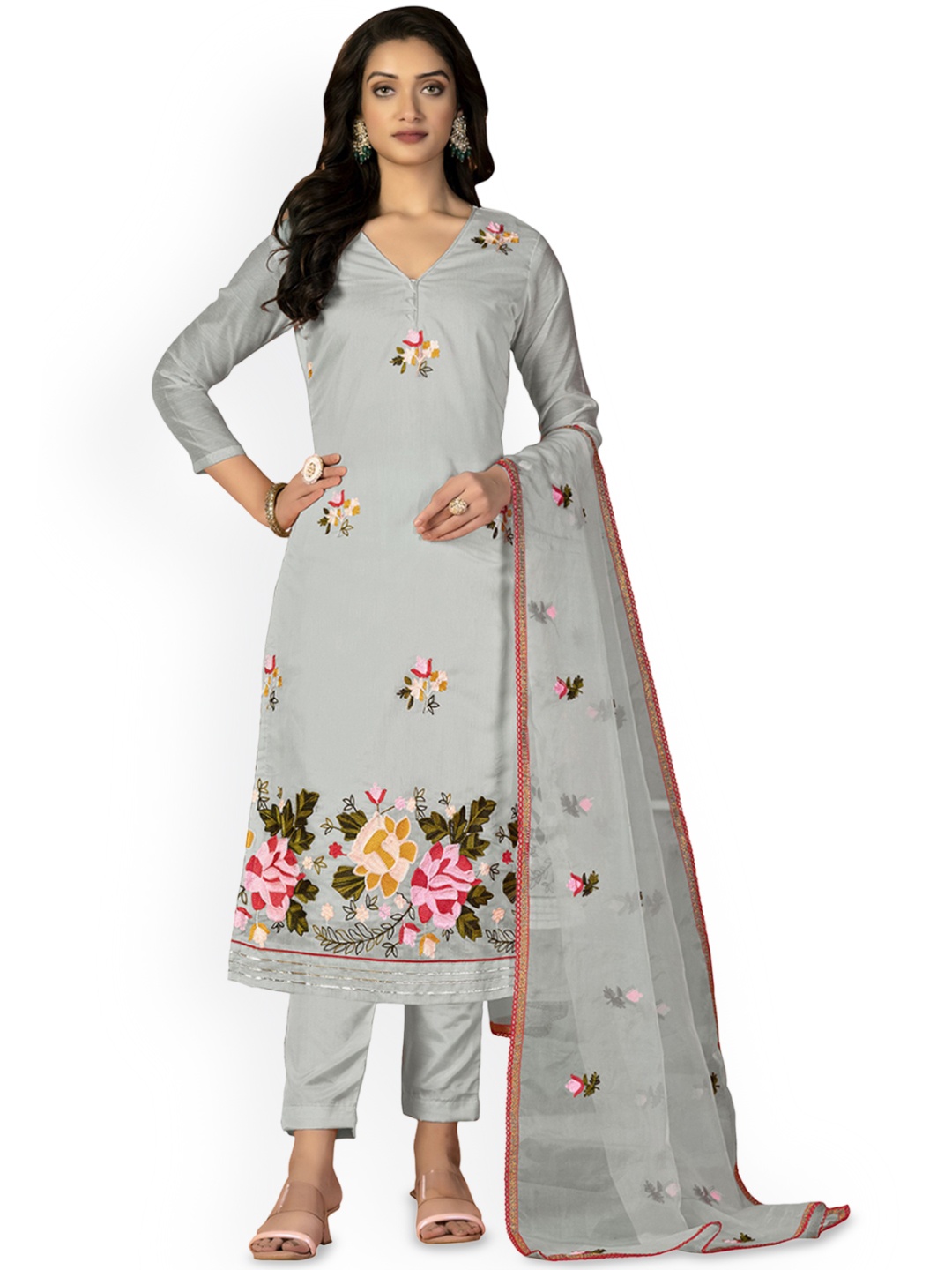 

Maroosh Floral Embroidered Unstitched Dress Material, Grey