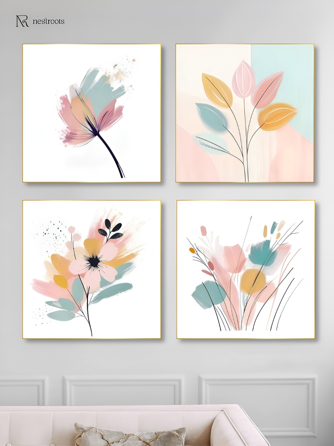 

nestroots Elegant White & Blue 4 Pieces Canvas Blooming Flowers Paintings Wall Arts
