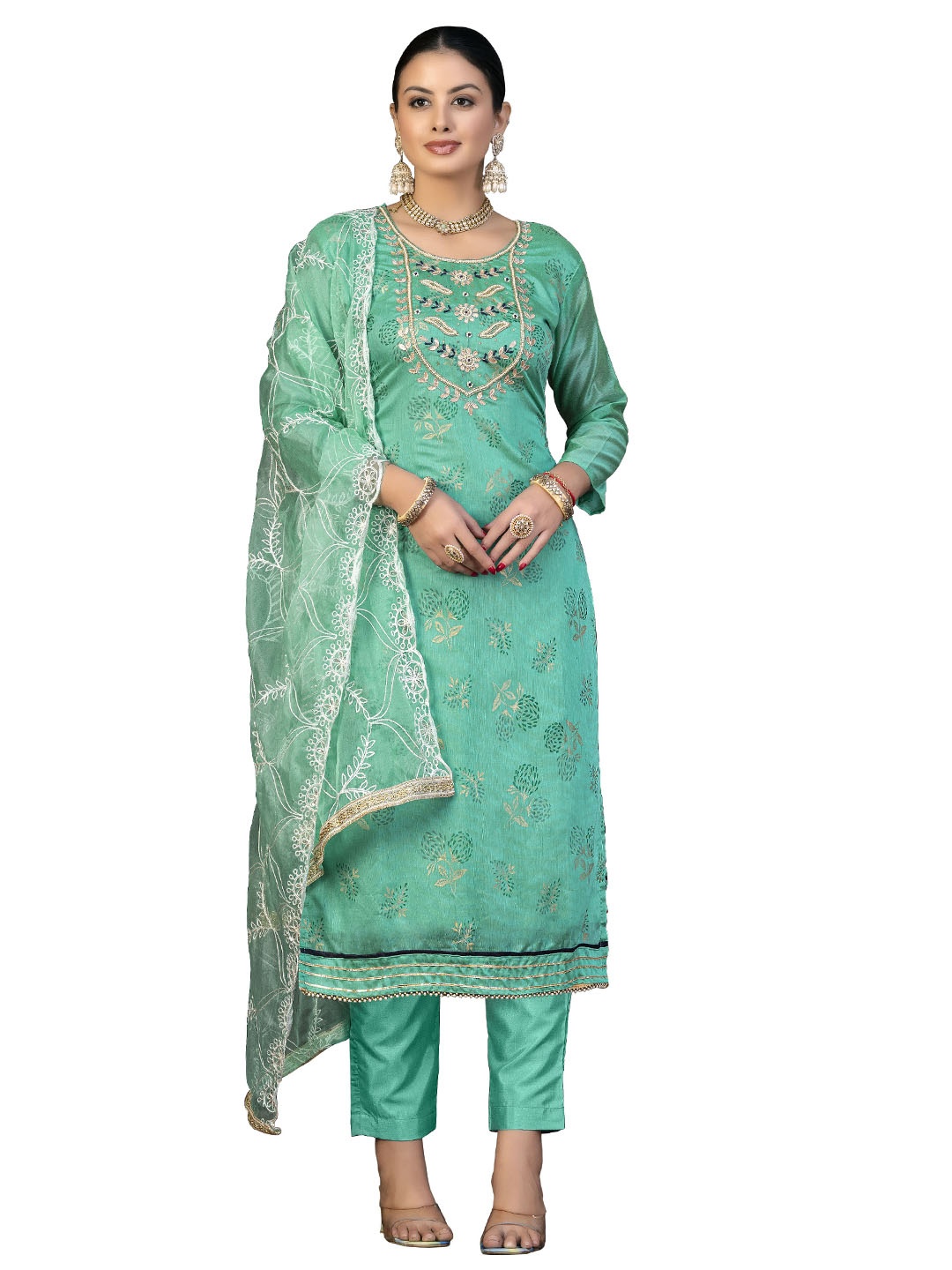 

Maroosh Floral Printed Beads and Stones Unstitched Dress Material, Sea green