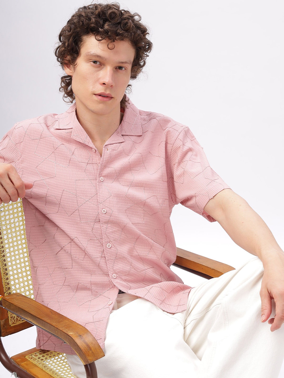 

HAMPTONS Men Cuban Collar Textured Cotton Casual Shirt, Pink