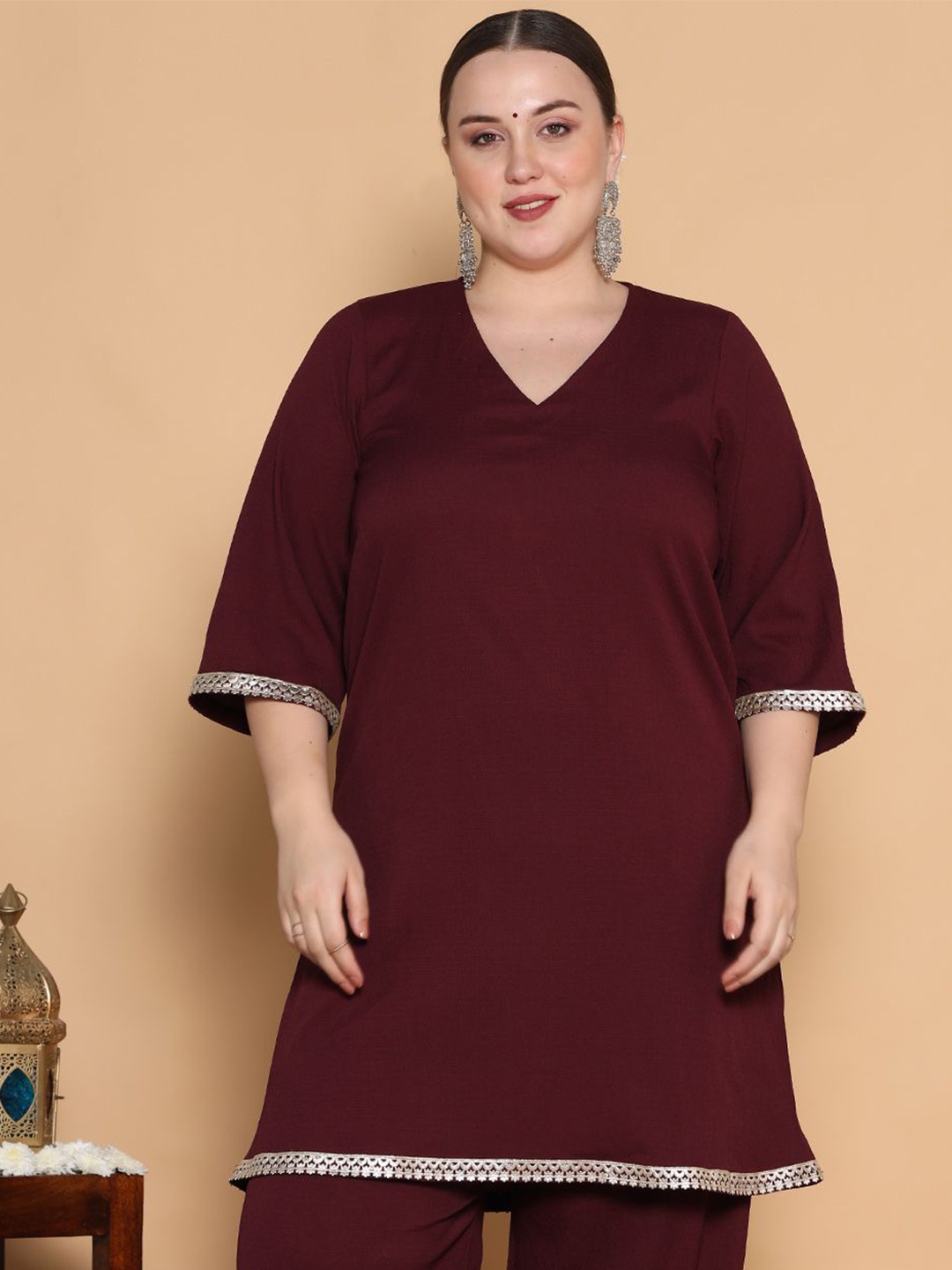 

LetsDressUp V-Neck Straight Kurta, Burgundy