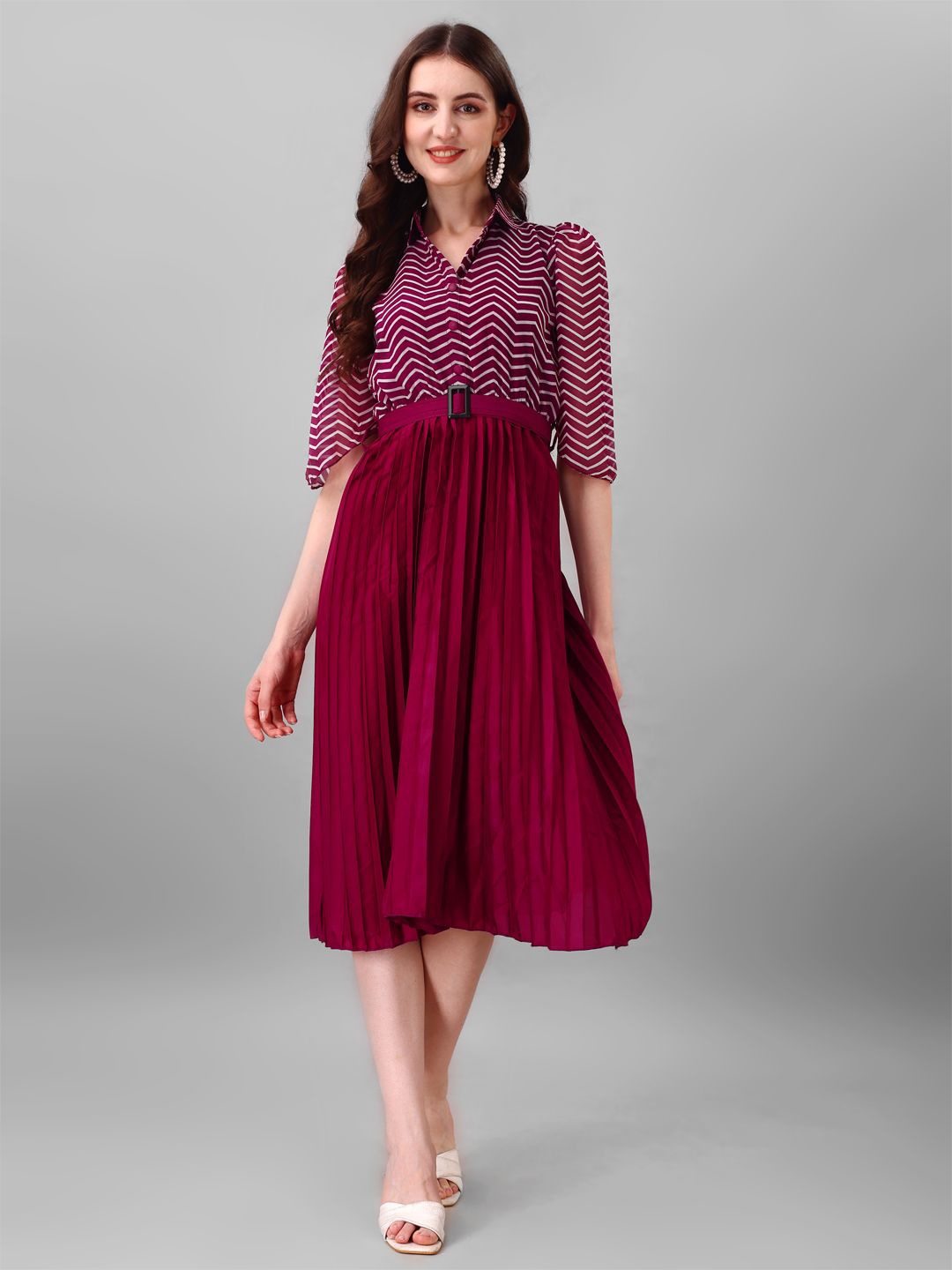 

Krunal Raiyani Women Striped Georgette Fit & Flare Midi Dress, Magenta
