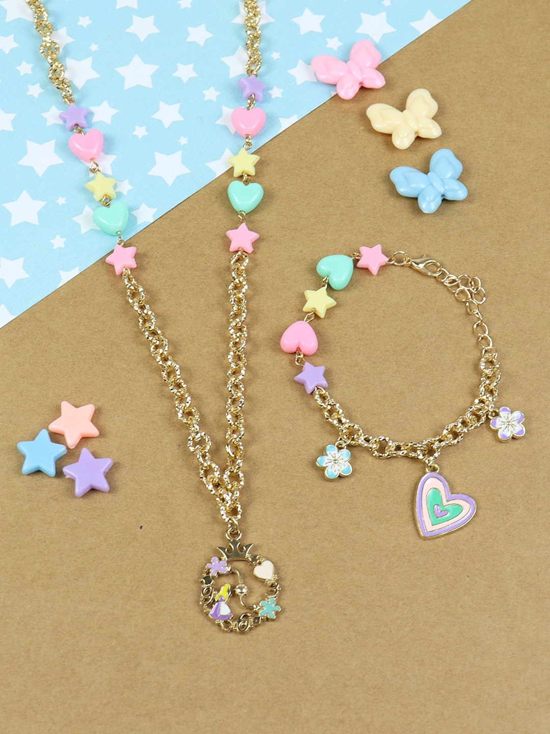 

Asthetika Kids Girls Beaded Floral Heart Charm Jewellery Set, Gold