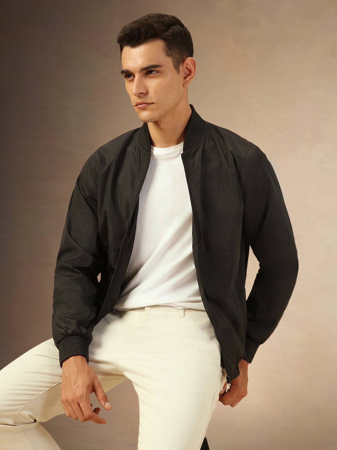 

Dennis Lingo Men Stand Collar Solid Casual Bomber Jacket, Black