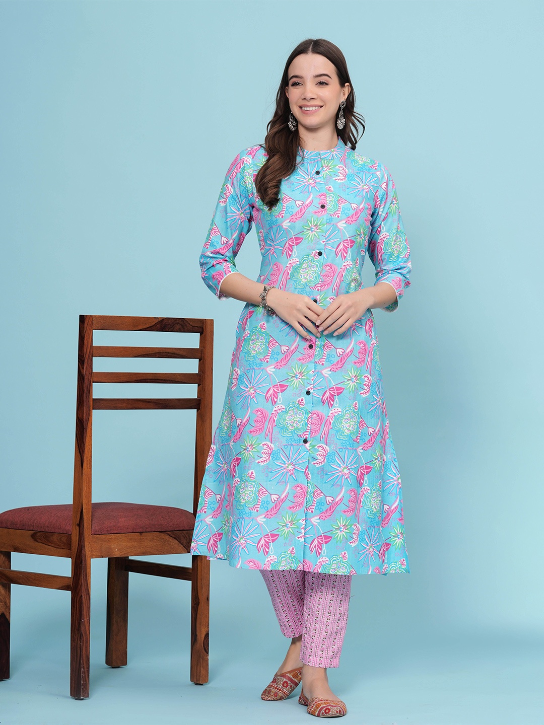 

DIZON Women Floral Printed Pure Cotton A-Line Kurta, Blue