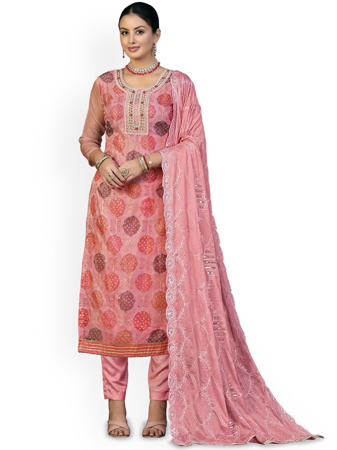 

Maroosh Geometric Printed Beads and Stones Organza Unstitched Dress Material, Peach
