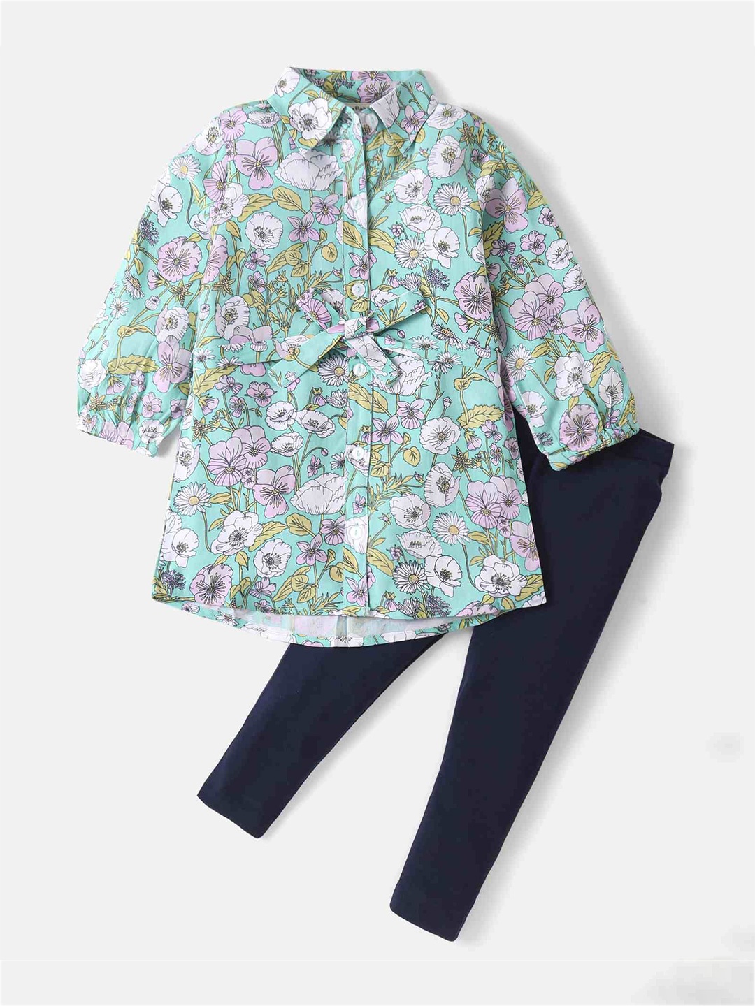 

CrayonFlakes Girls Floral Printed Shirt with Leggings, Green