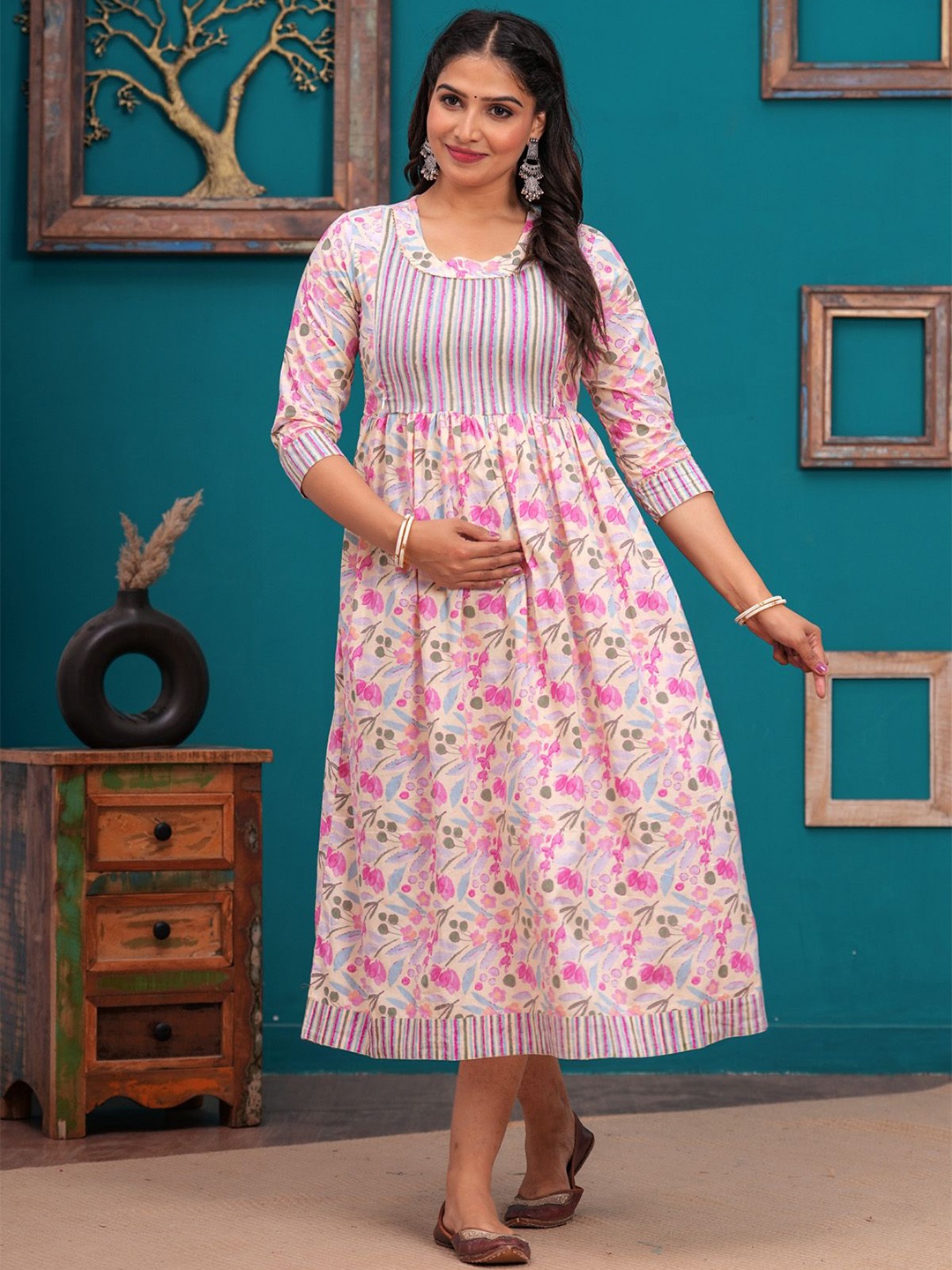 

TANISHA Women Floral Printed Maternity Cotton Fit & Flare Dress, Pink