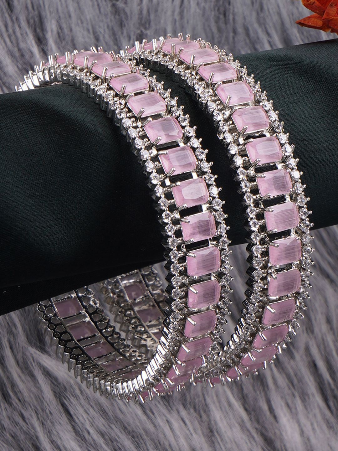 

Adwitiya Collection Set Of 2 Rhodium-Plated American Diamond Stone Studded Bangles, Silver