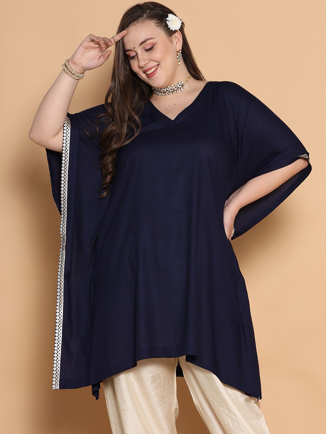 

LetsDressUp Women V-Neck Kaftan Kurta, Navy blue