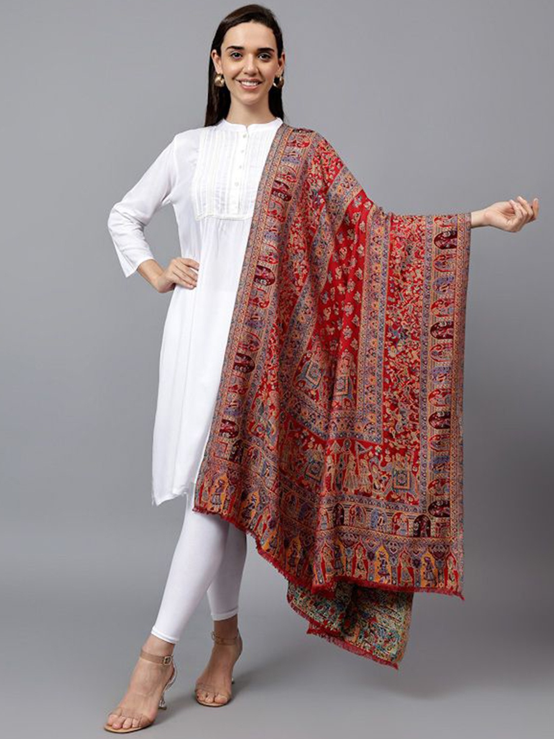 

Mizash Ethnic Motifs Printed Pure Woollen Shawl, Red