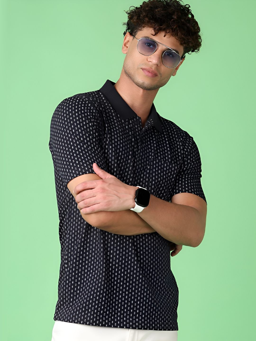 

V-Mart Men Abstract Printed Polo Collar Cotton Slim Fit T-shirt, Navy blue