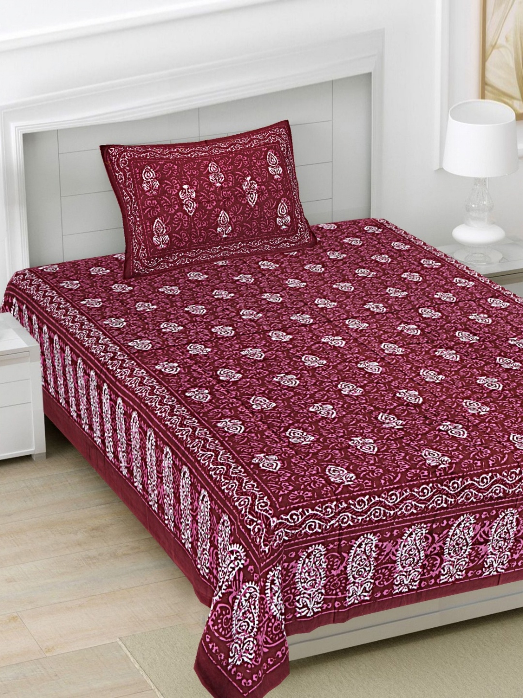 

FrionKandy Living Burgundy 180 TC Cotton Single Bedsheet Set-2.28 m x 1.52 m