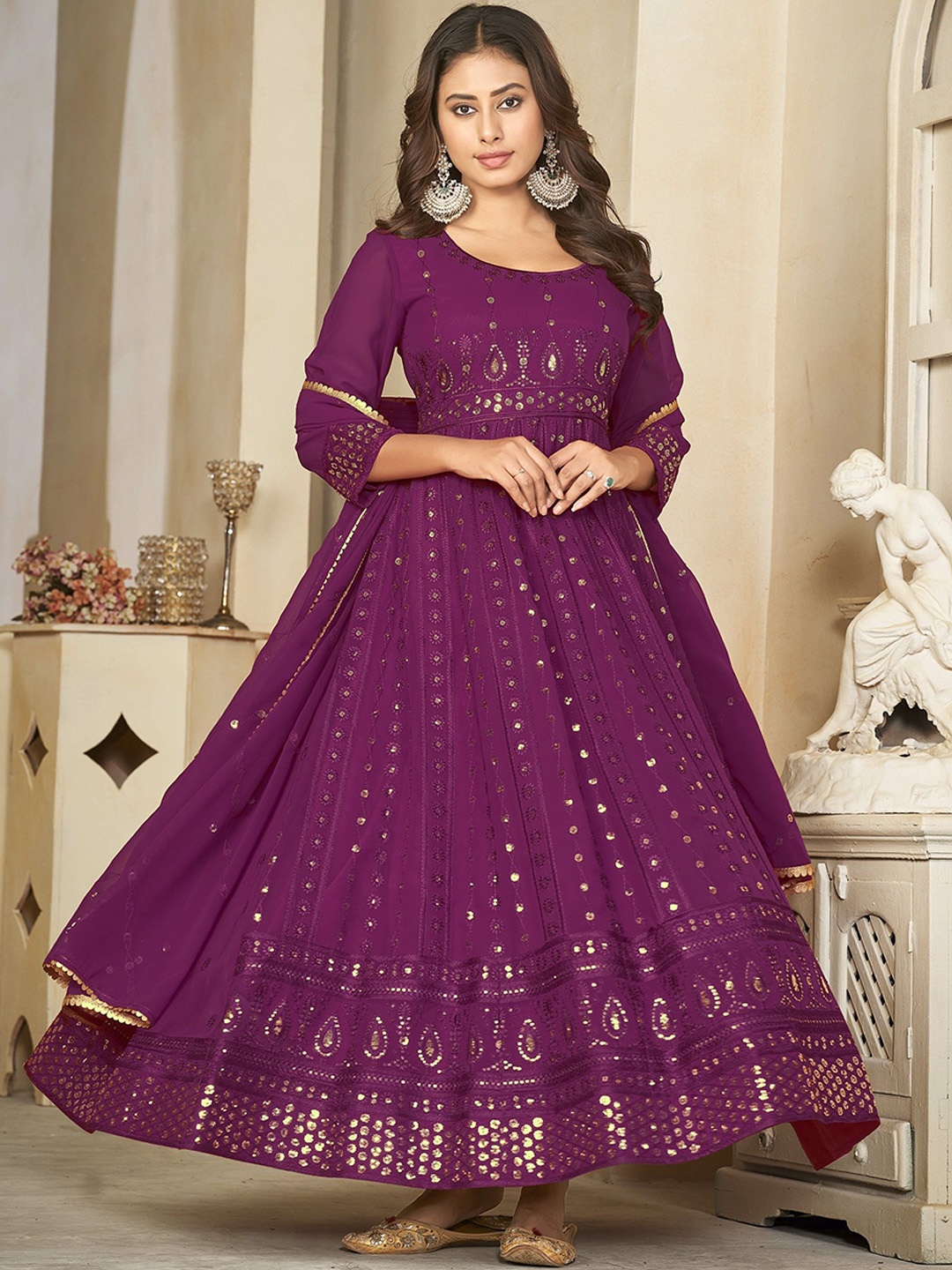 

Warthy Ent Ethnic Motifs Embroidered Semi-Stitched Dress Material, Purple