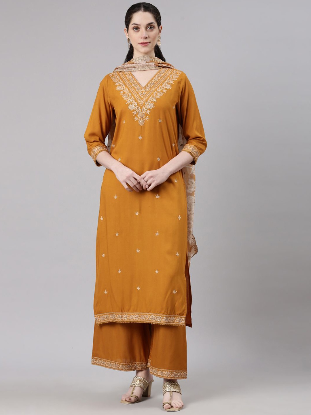 

Neerus Ethnic Motifs Embroidered Kurta With Palazzos & Dupatta, Gold