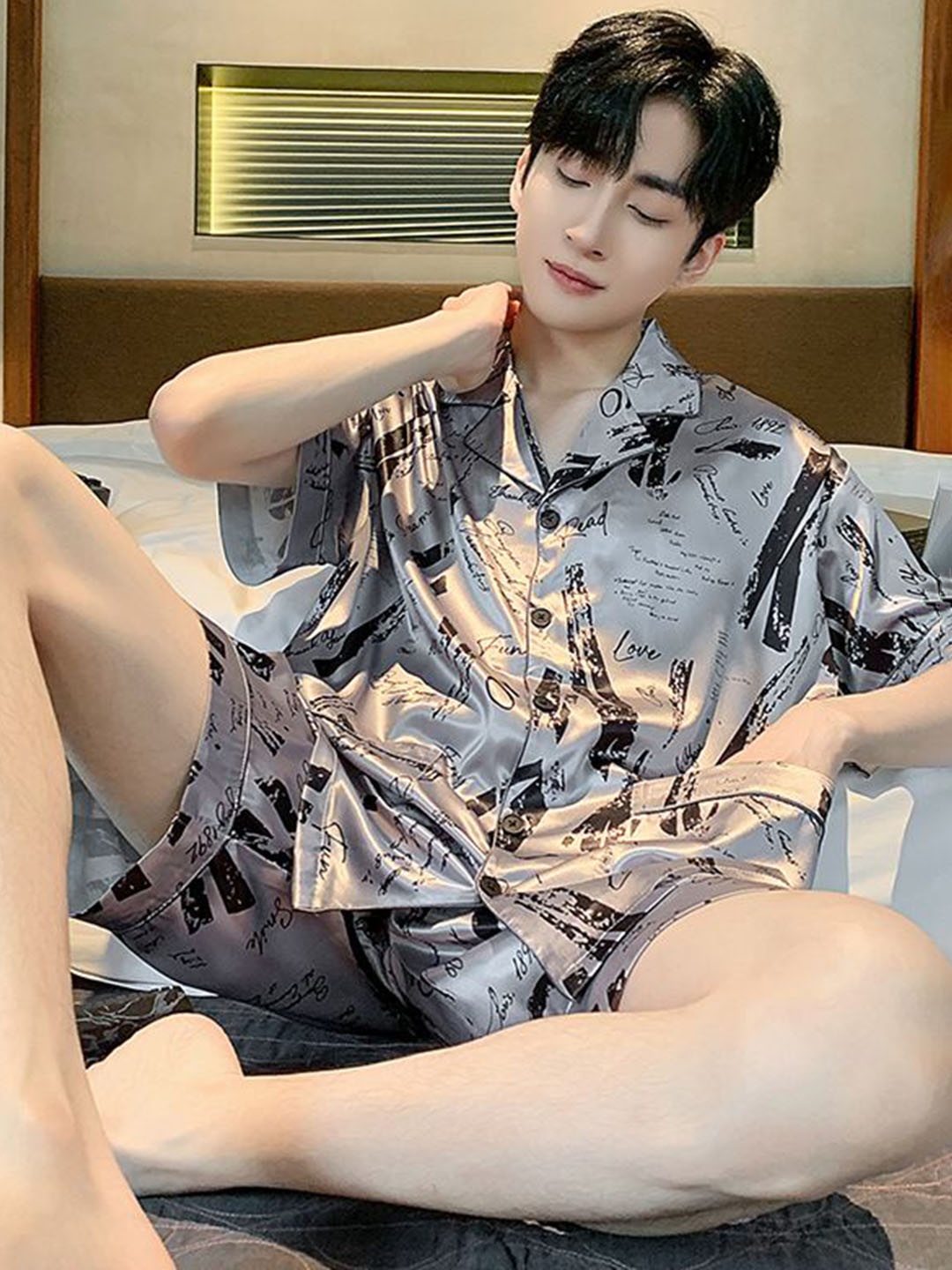 

StyleCast Printed Short Sleeve Shirt With Shorts Night Suit, Grey