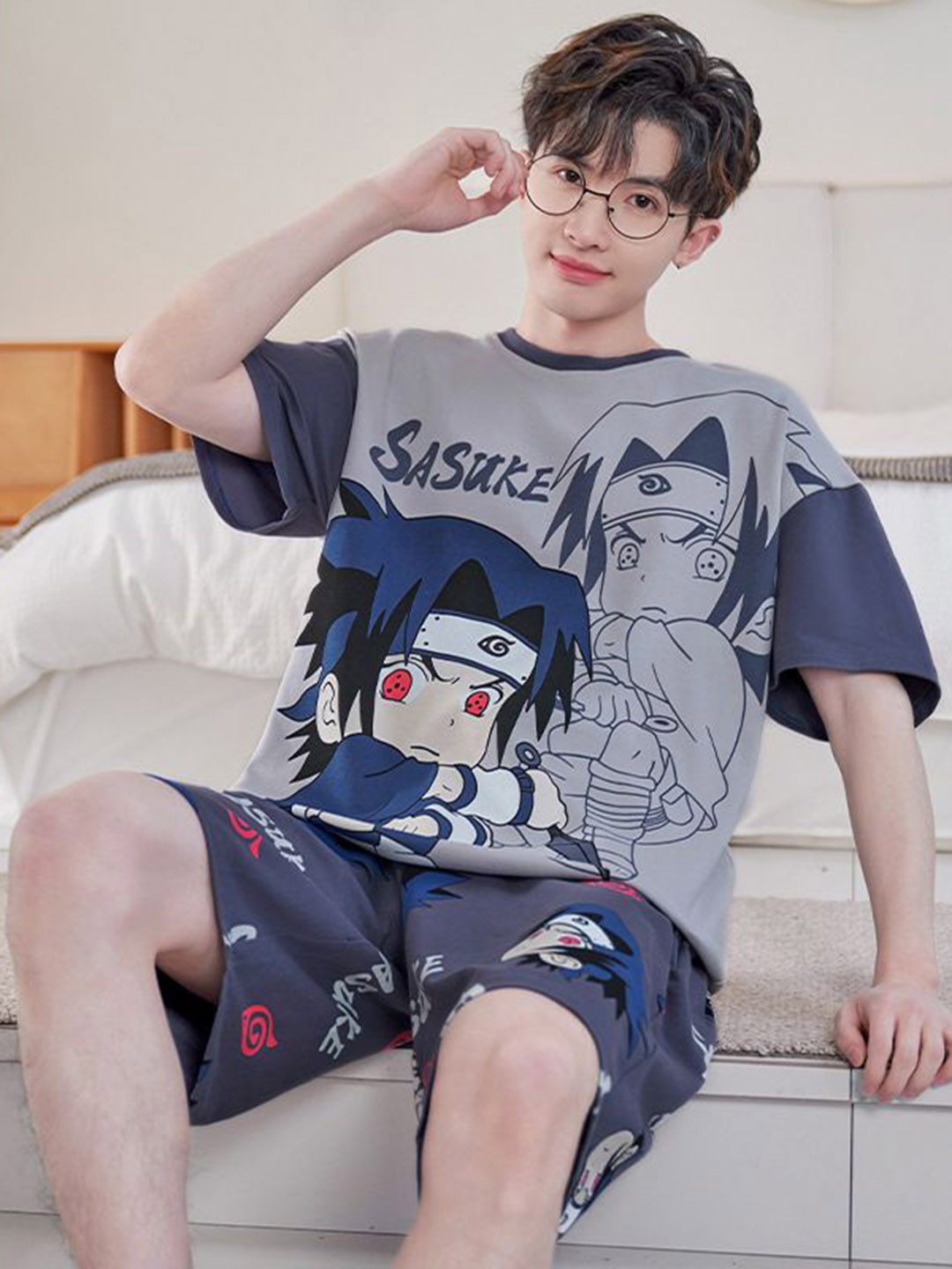 

StyleCast Printed Round Neck Short Sleeves T-Shirt With Short, Navy blue
