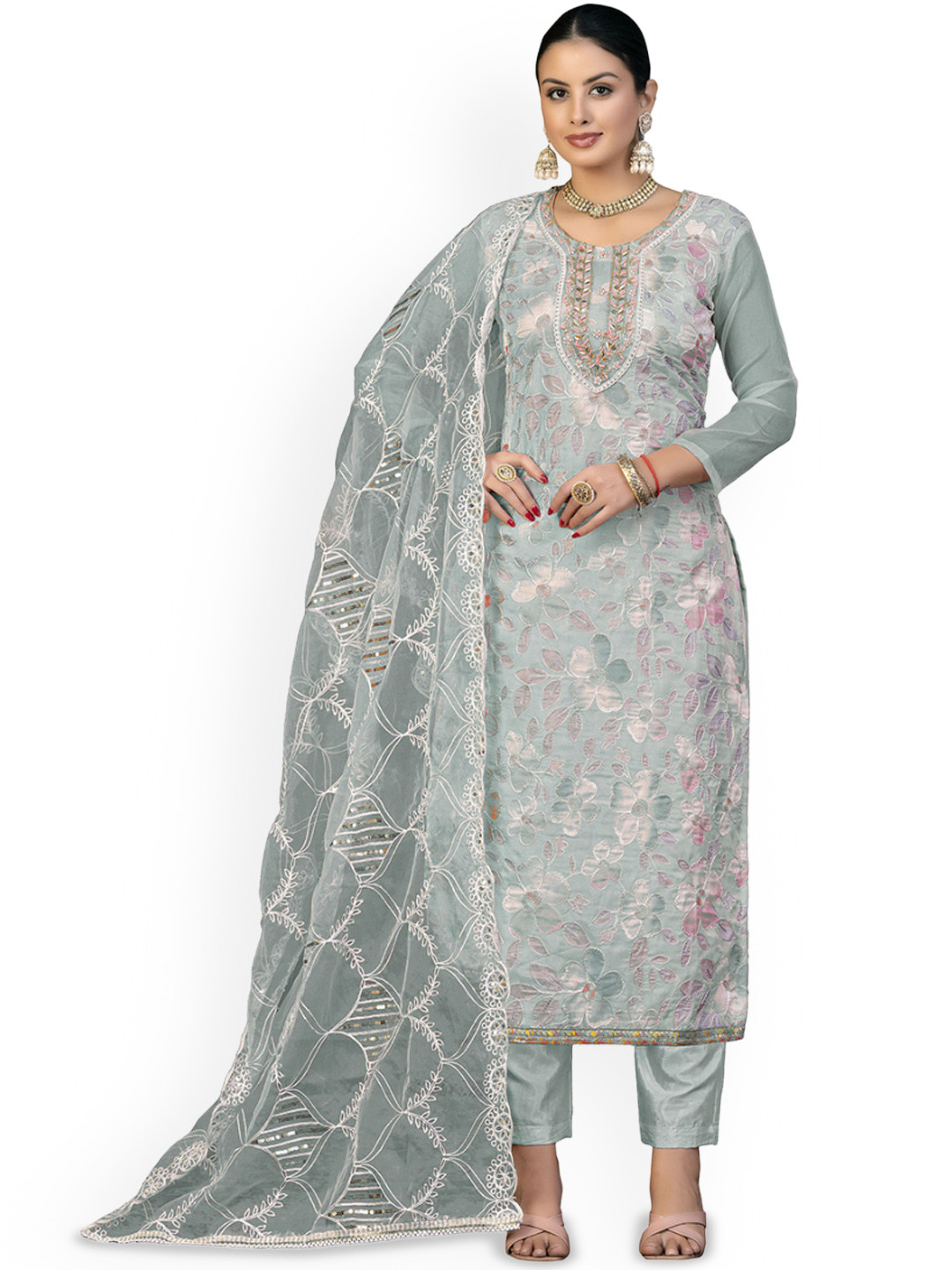 

Maroosh Floral Printed Beads and Stones Organza Unstitched Dress Material, Sea green