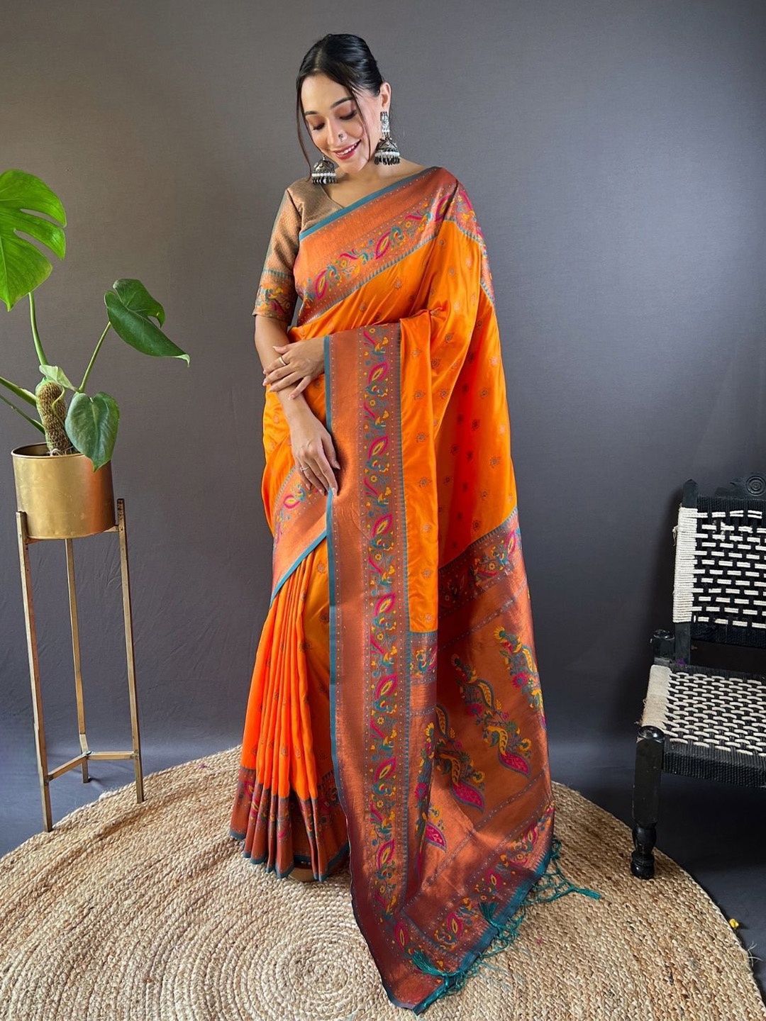 

ODETTE Ethnic Motif Woven Design Zari Saree With Blouse Piece, Orange