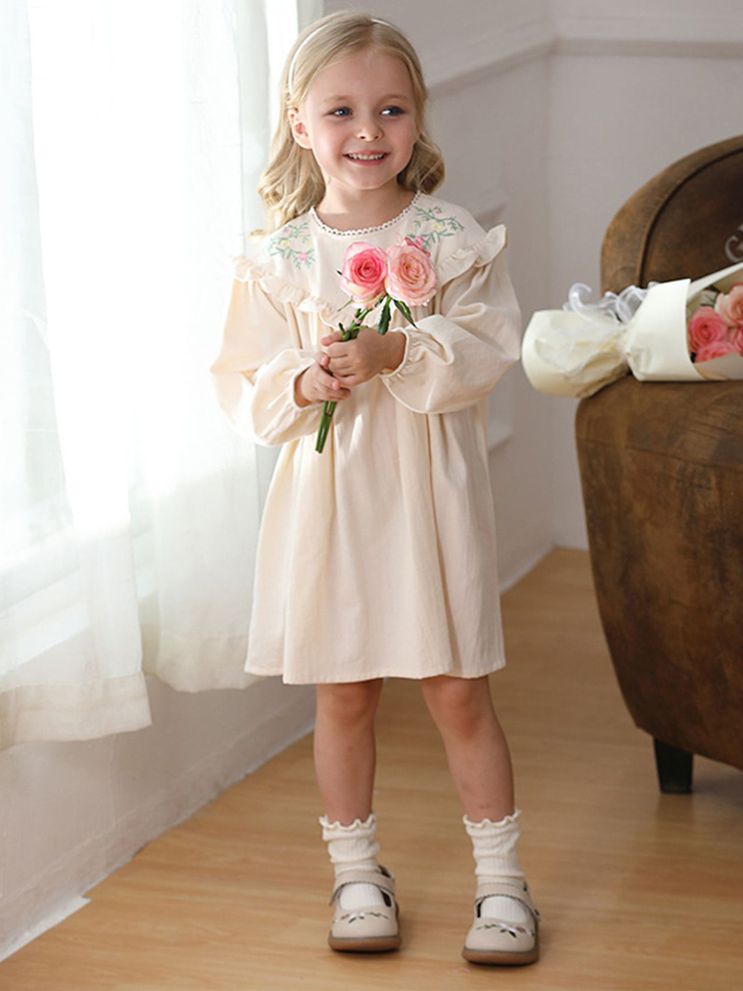 

LULU & SKY Girl Self Design Fit & Flare Dress, Cream