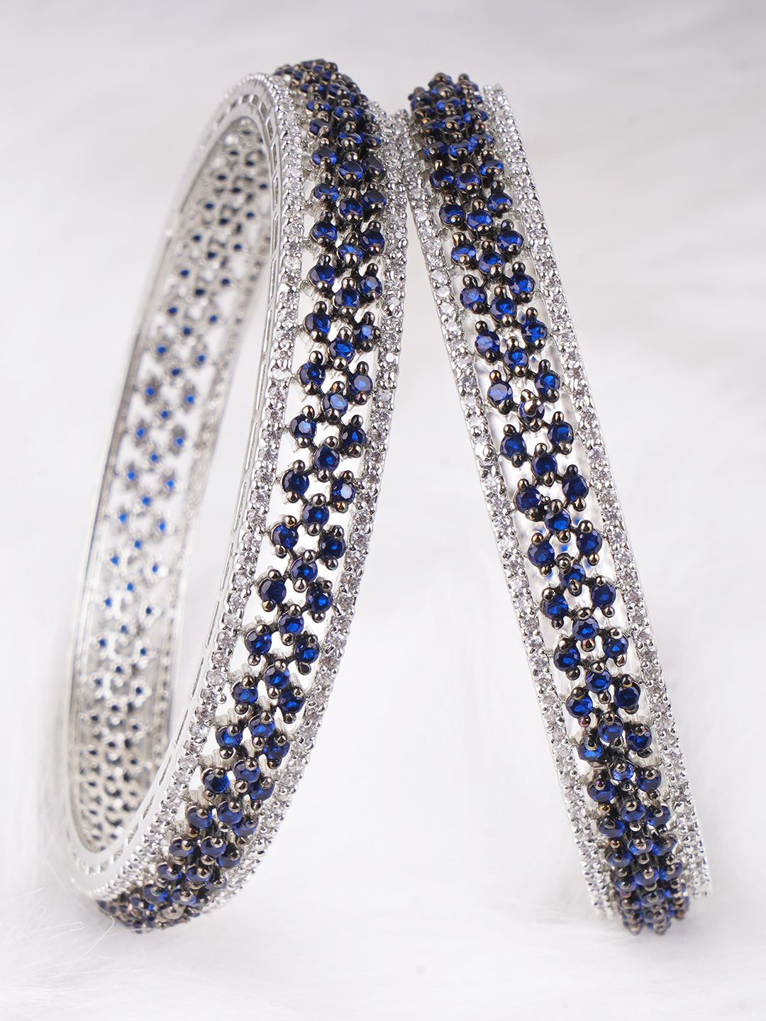 

Adwitiya Collection Set of 2 Rhodium-Plated American Diamond-Studded Bangles, Silver
