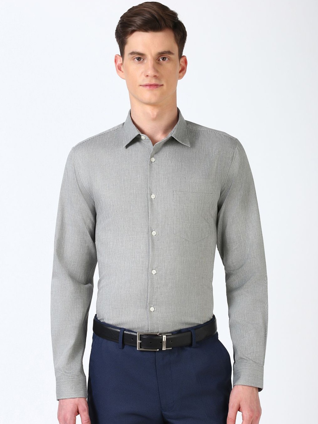 

Peter England Men Spread Collar Solid Cotton Slim Fit Casual Shirt, Grey