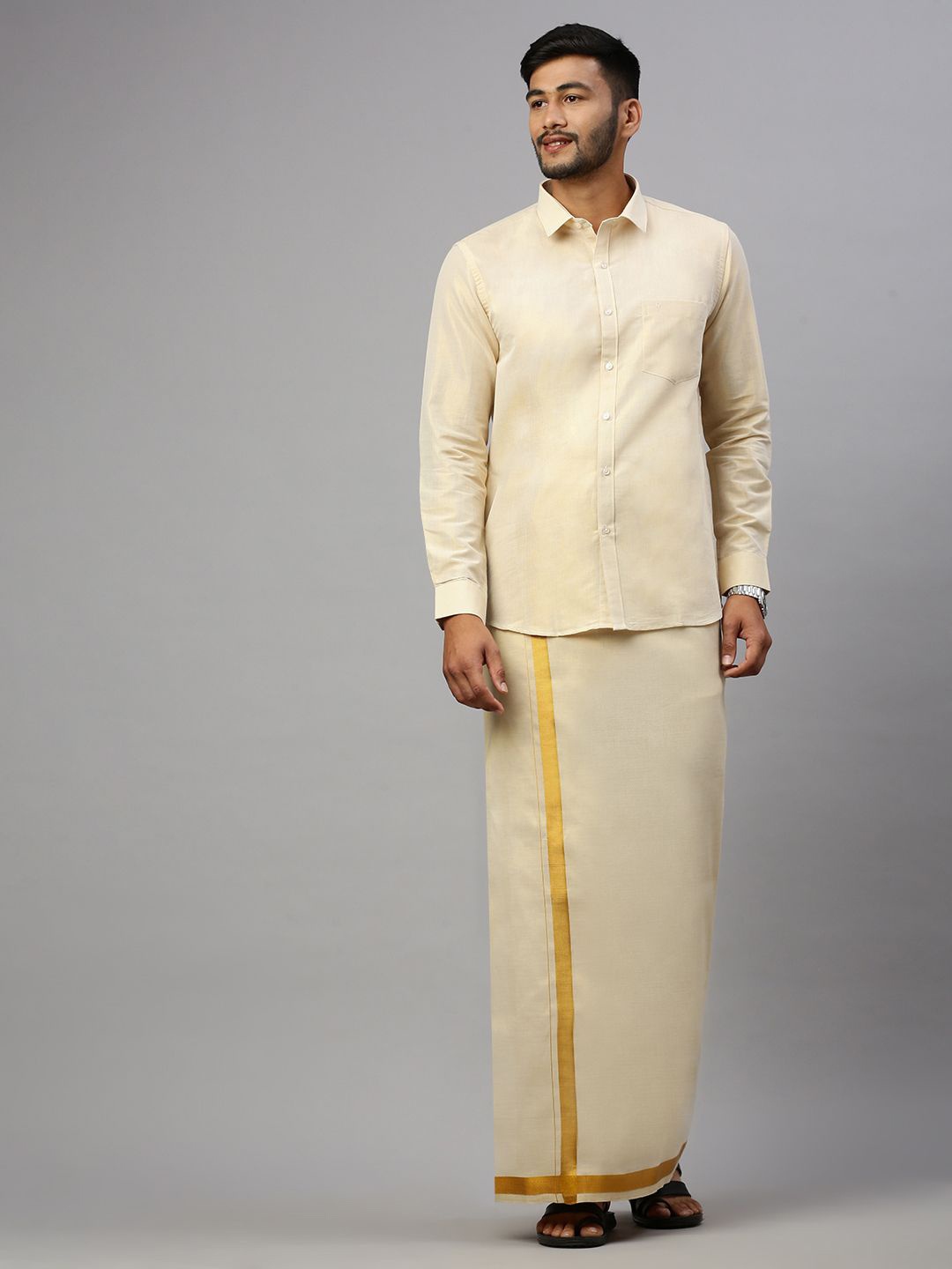 

RAMRAJ Men Cotton blend Full Sleeve Shirt with Matching Readymade Single Dhoti Combo, Gold