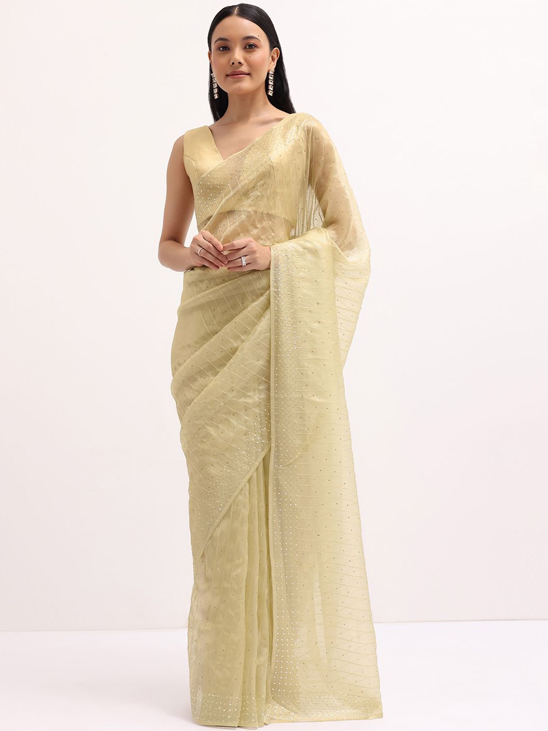 

KALKI Fashion Striped Sequinned Tissue Saree, Gold