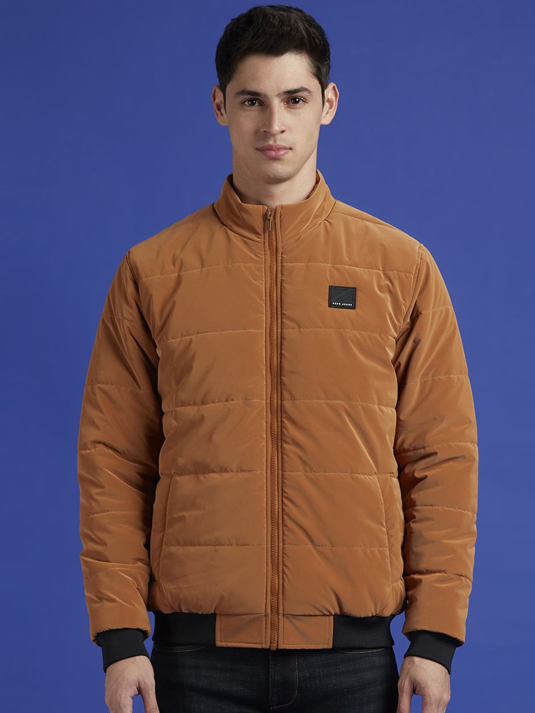 

Pepe Jeans Men Mock Collar Solid Casual Padded Jacket, Brown