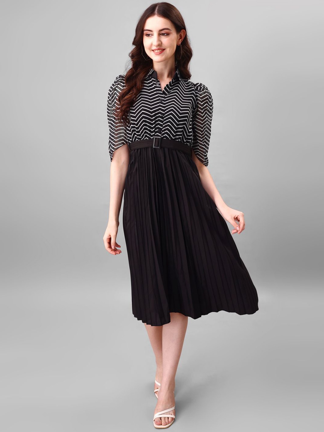 

Raiyani Enterprise Women Striped Fit & Flare Dress, Black