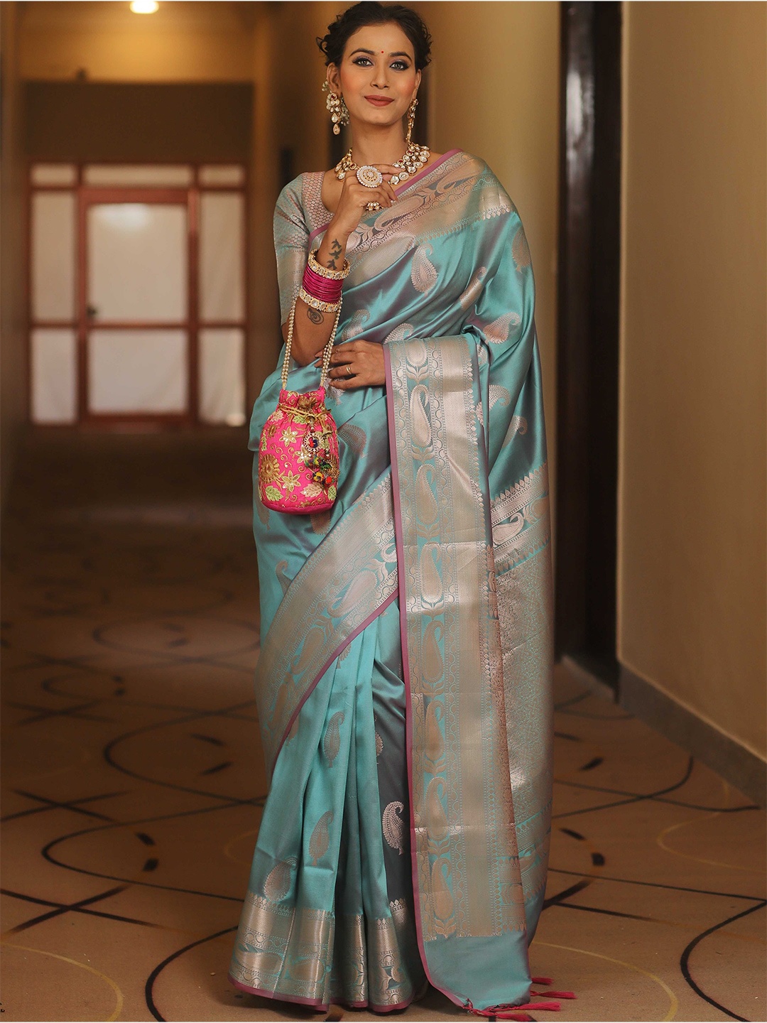 

Banarasee Ethnic Motifs Zari Banarasi Saree, Turquoise blue